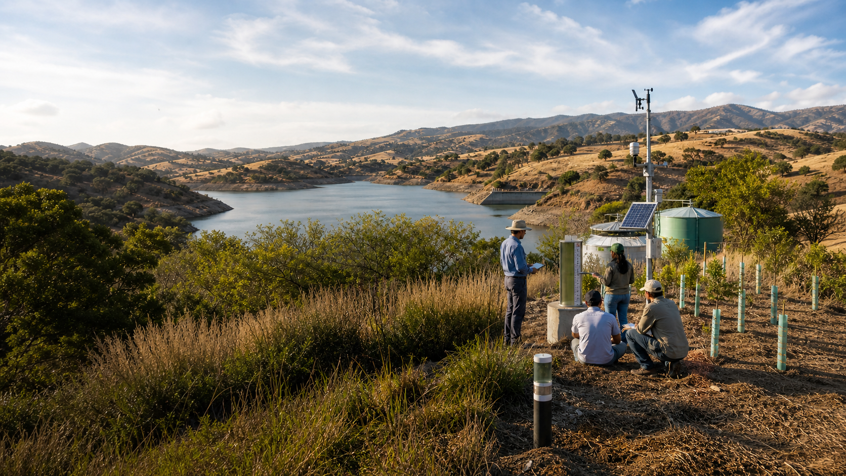 A field team checks drought-monitoring instruments beside a low reservoir and dry hills.