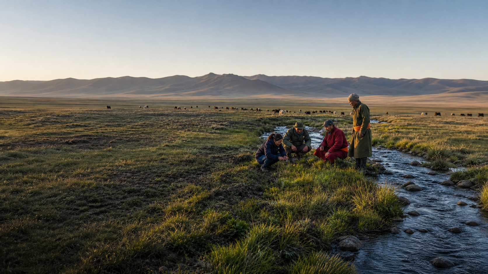 Four rangeland stewards inspect vegetation along a stream while livestock graze across an open mountain plain.