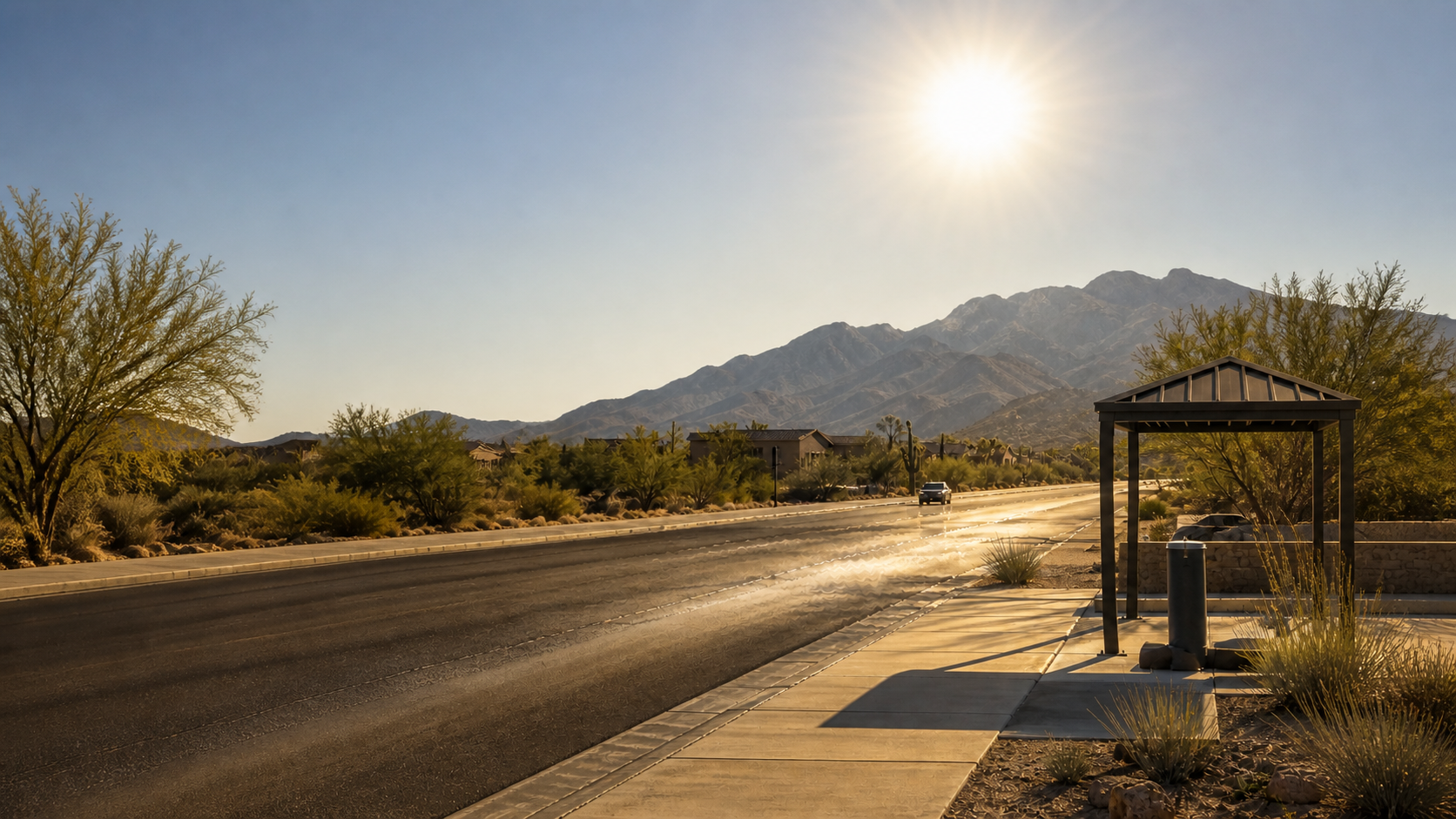 Illustration of an intense sun over a desert road and shaded shelter, with arid mountains in the distance.