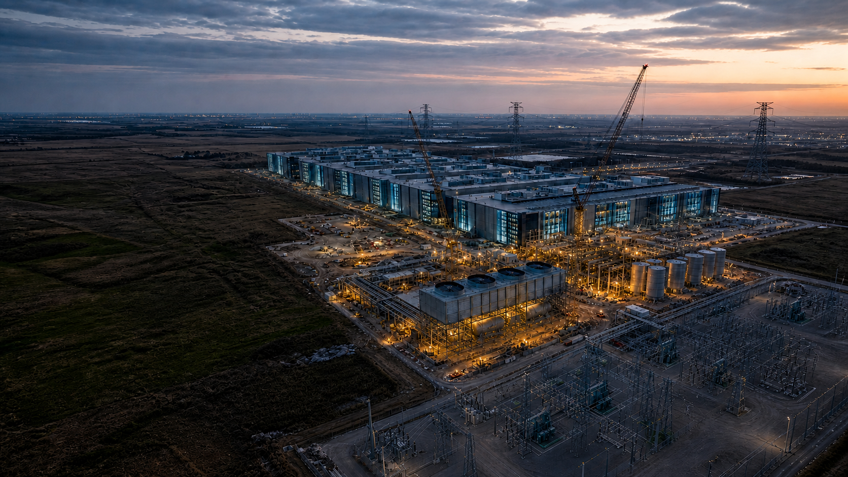A data-center campus under construction stands beside gas-power equipment, cranes, transmission towers, and a substation at dusk.