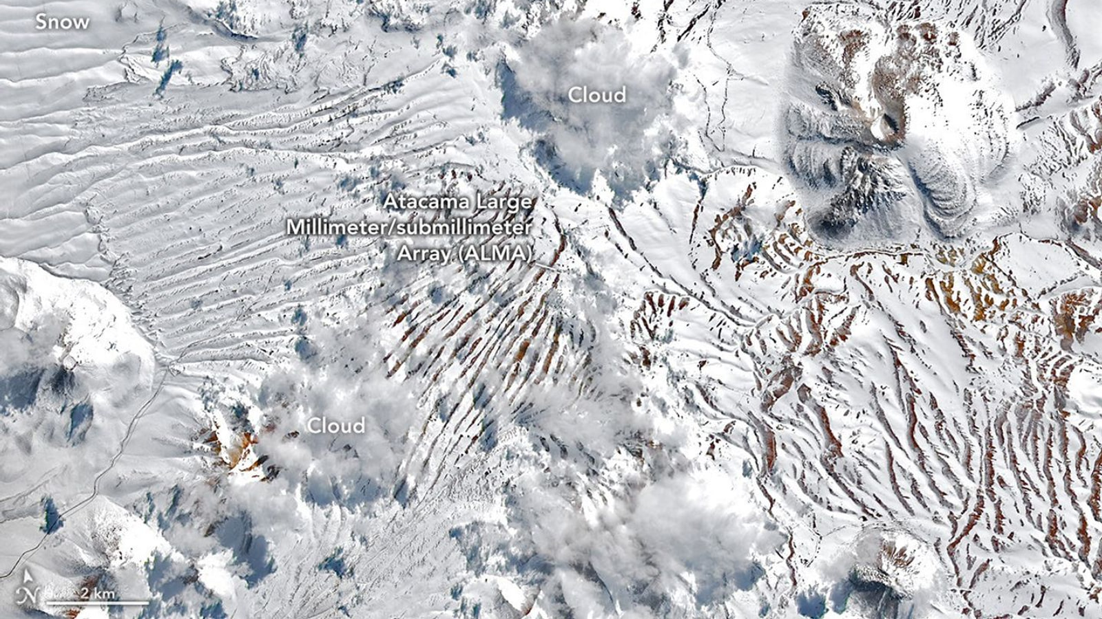NASA-USGS satellite view of rare widespread snow across northern Chile's Atacama Desert.