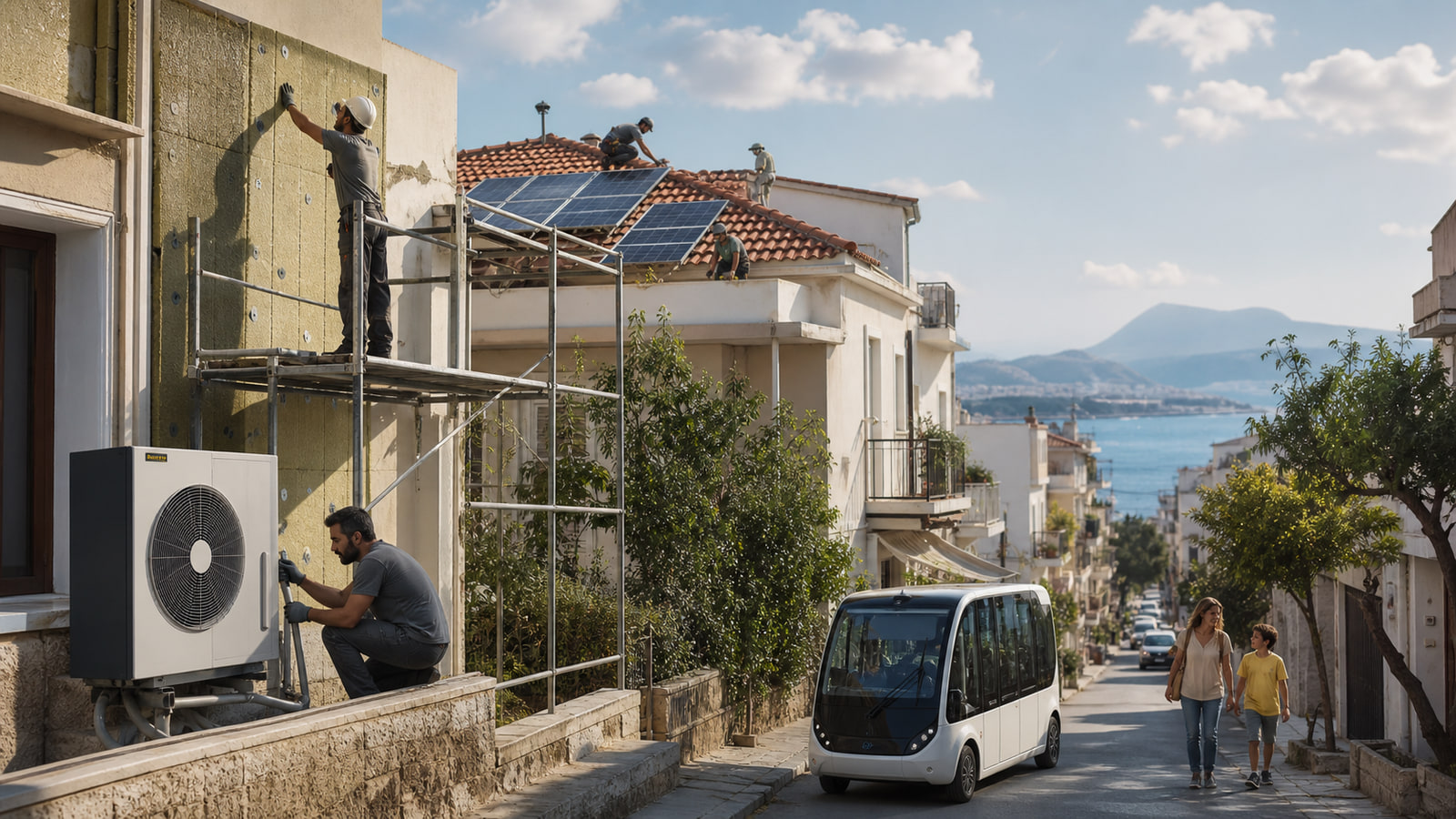Workers improving insulation, rooftop solar, and clean heating in a Greek neighborhood.