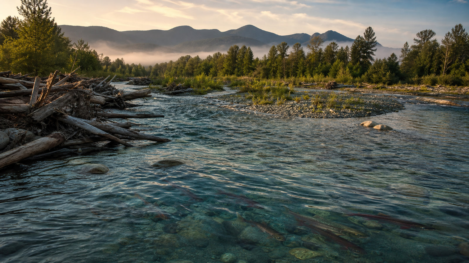 Chum salmon swimming through a newly braided forest river with engineered log jams.