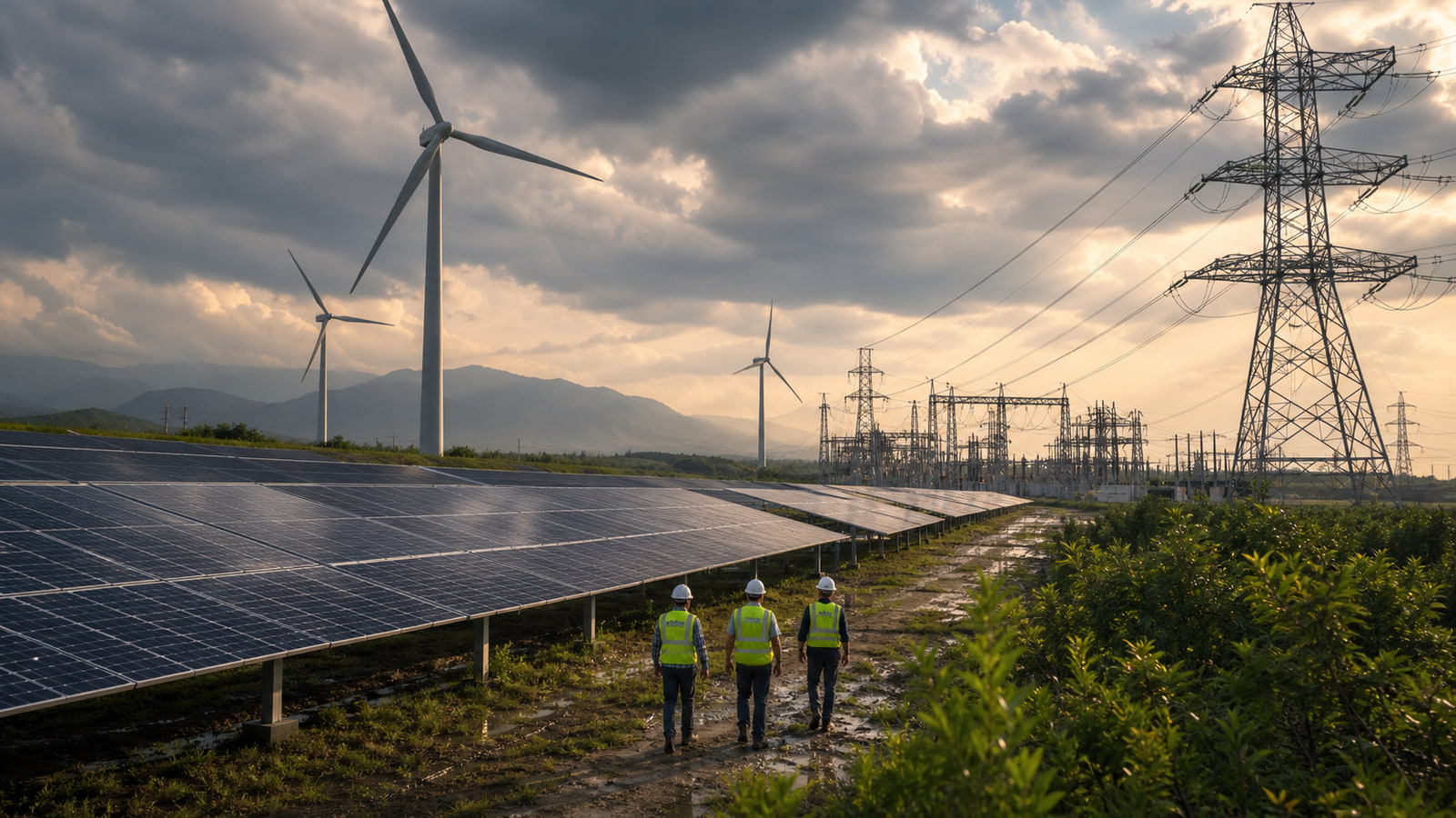 Solar panels, wind turbines, engineers, and transmission infrastructure in India.