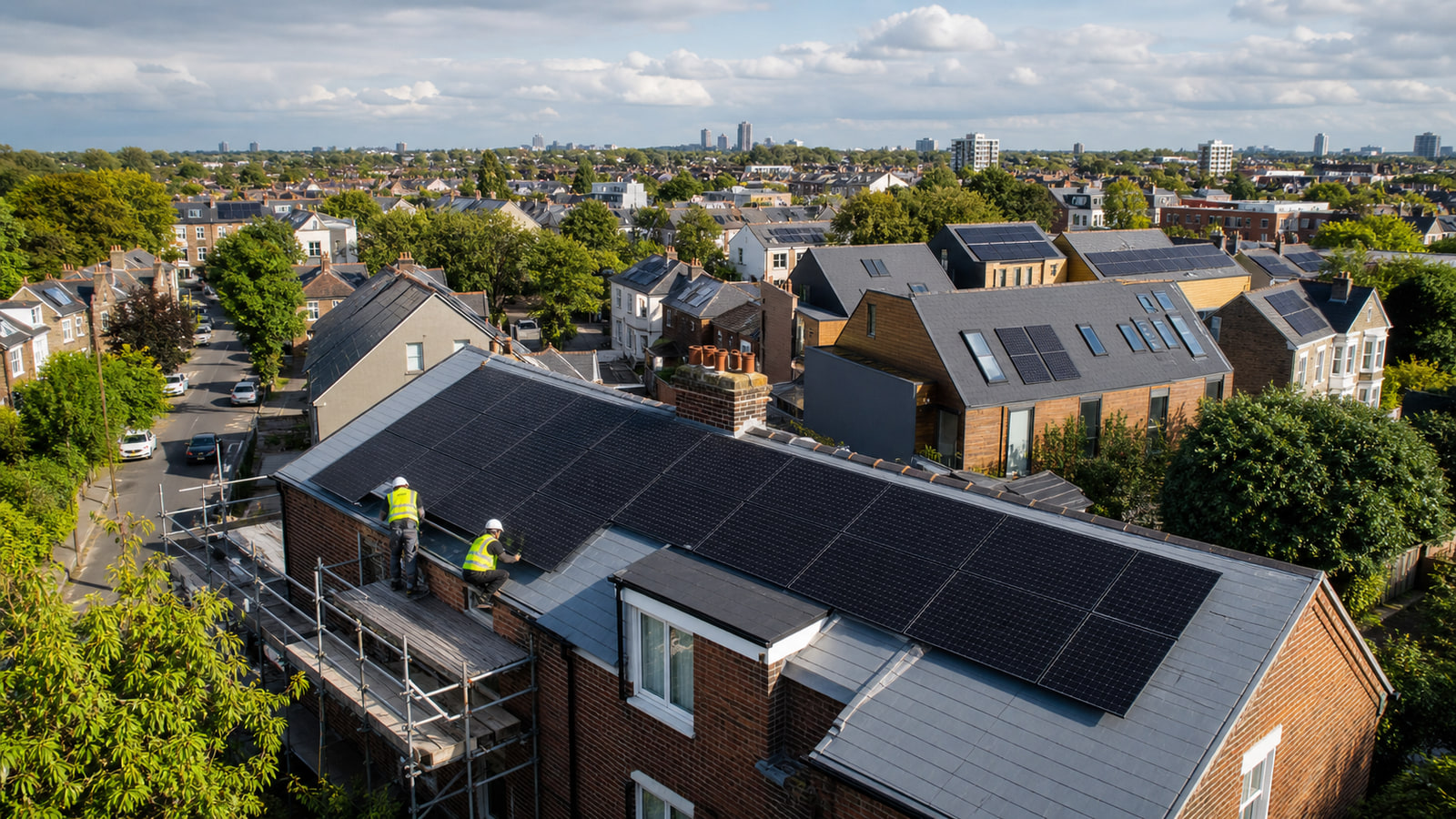 Rooftop solar installations across a varied British neighborhood with installers at work.