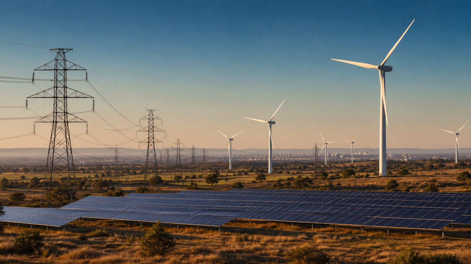 Solar panels, wind turbines, and transmission lines across an Australian landscape at sunset.