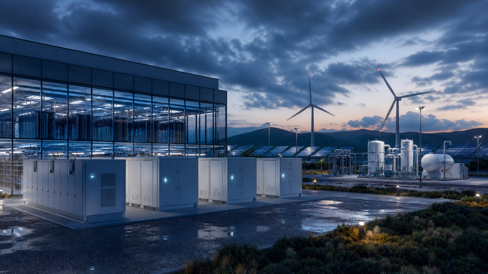 A renewable-powered data center campus with battery containers and hydrogen equipment.