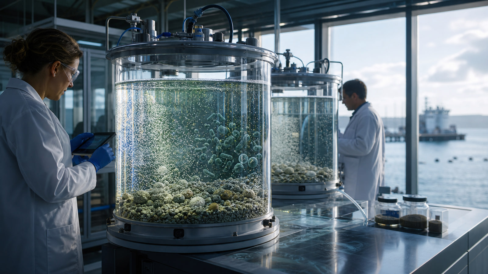 Researchers monitoring seawater bioreactors containing olivine and engineered marine bacteria.