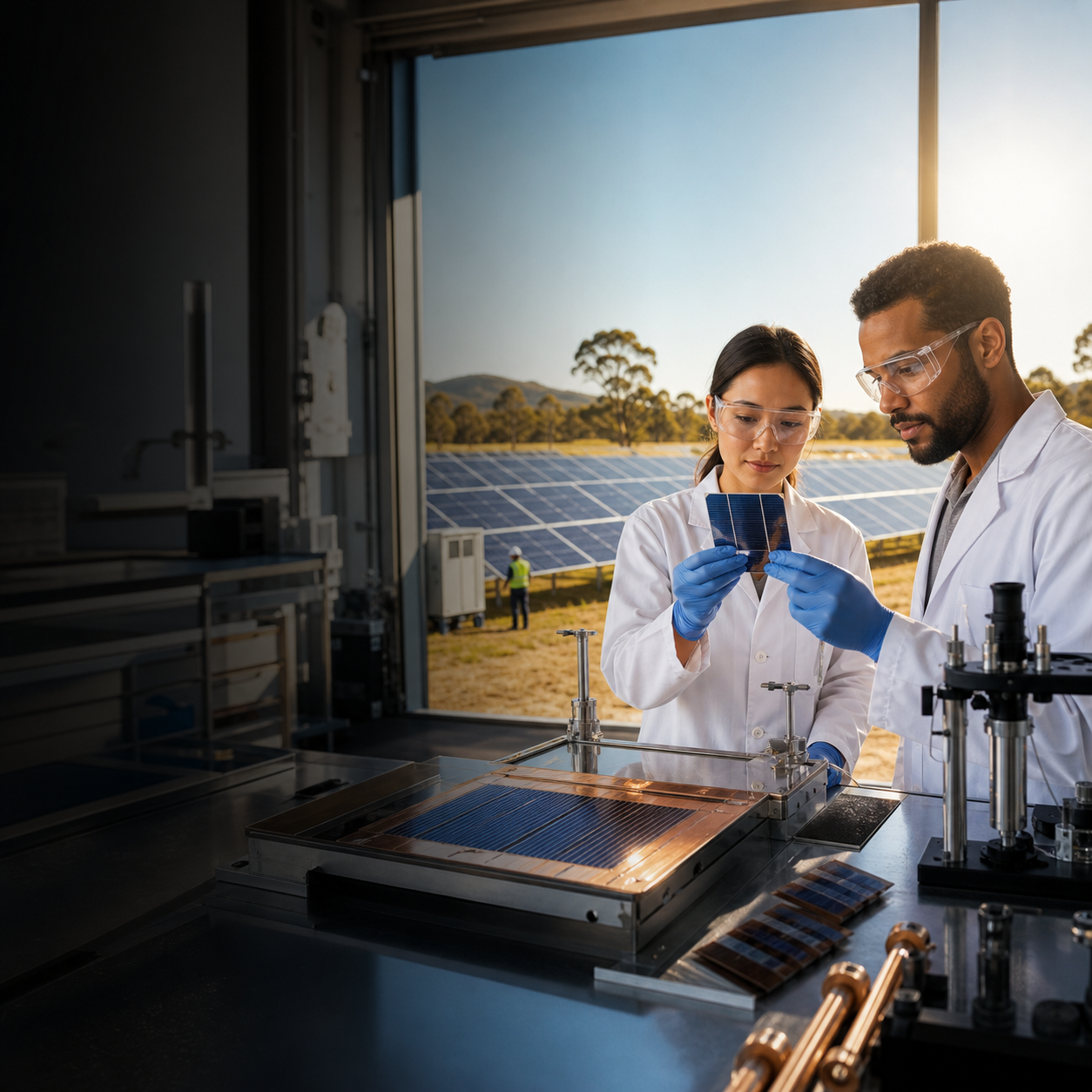 Researchers inspect a photovoltaic cell in a laboratory overlooking a solar test array.