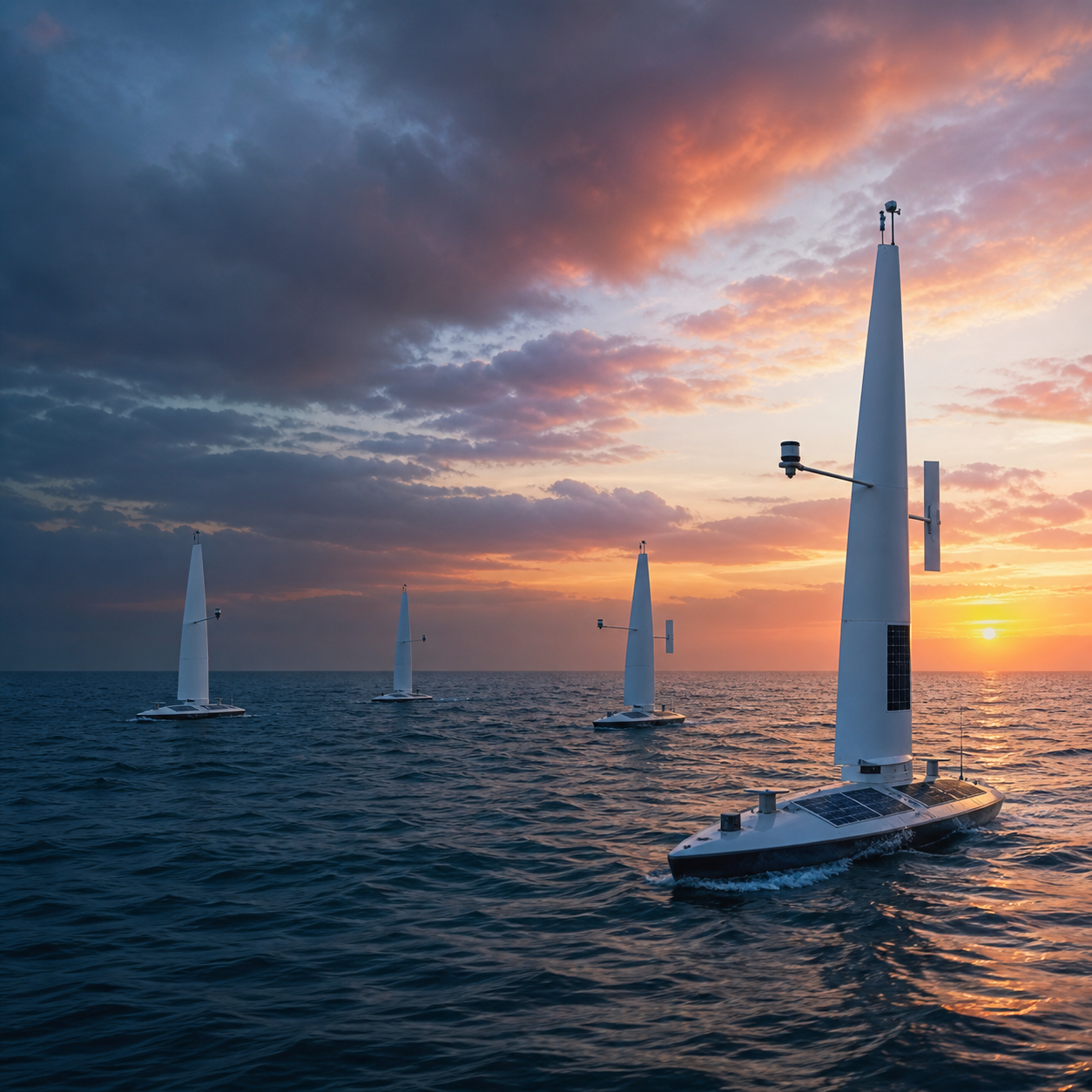 Uncrewed saildrone vessels cross the tropical Pacific at sunset while collecting ocean and atmosphere measurements.