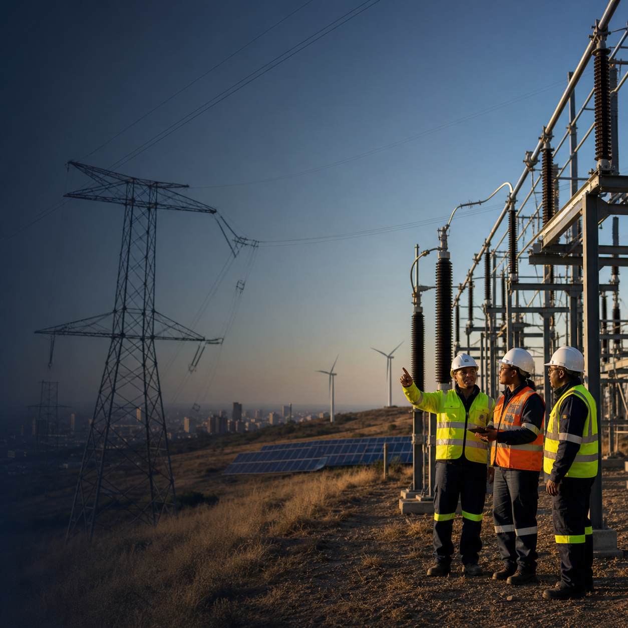 Grid workers inspect a transmission substation near solar panels and wind turbines in South Africa.