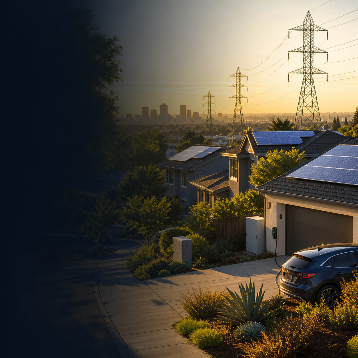 A California home with rooftop solar, a battery system, and an electric car sits beneath power lines at dusk.