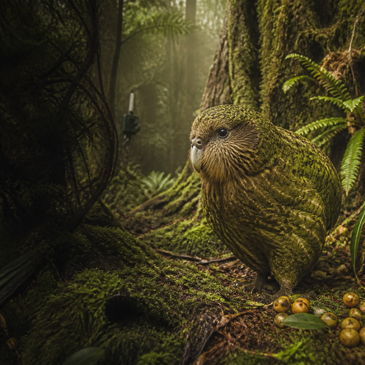A green kākāpō stands among moss, ferns, and fallen fruit on a forest floor.
