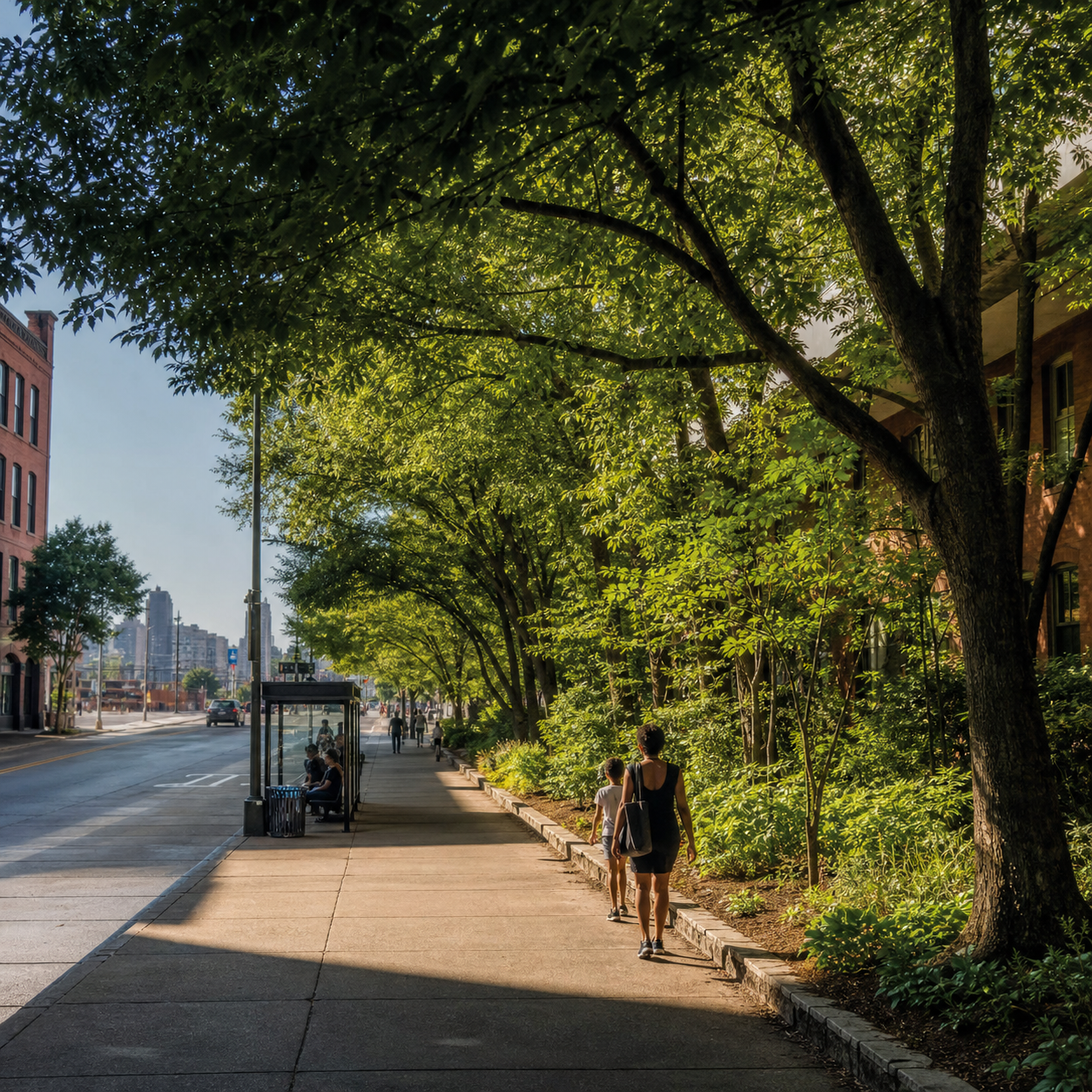A shaded tree-lined Louisville street contrasts with denser buildings visible beyond the canopy.