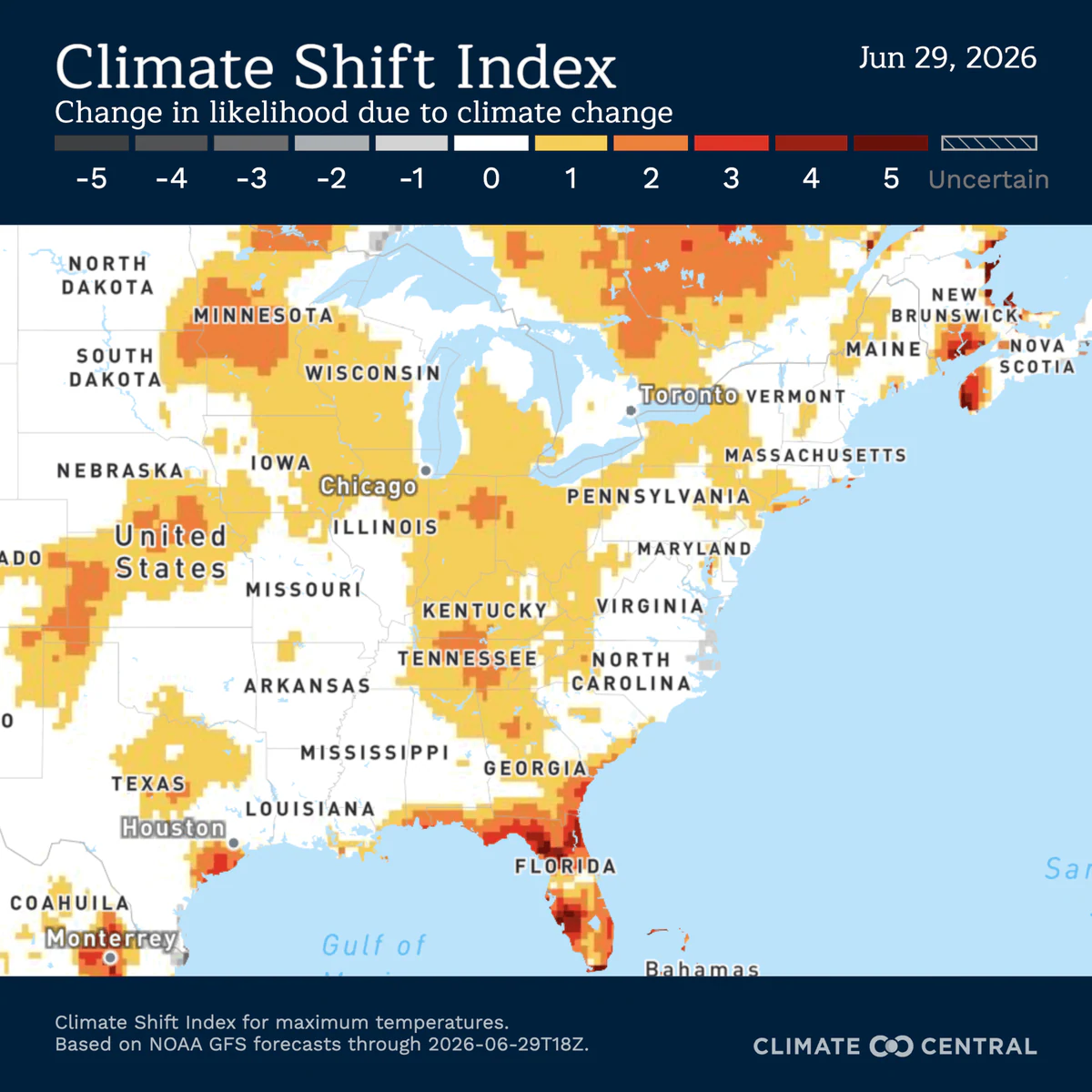 Climate Shift Index map of climate-driven heat risk across the eastern United States.