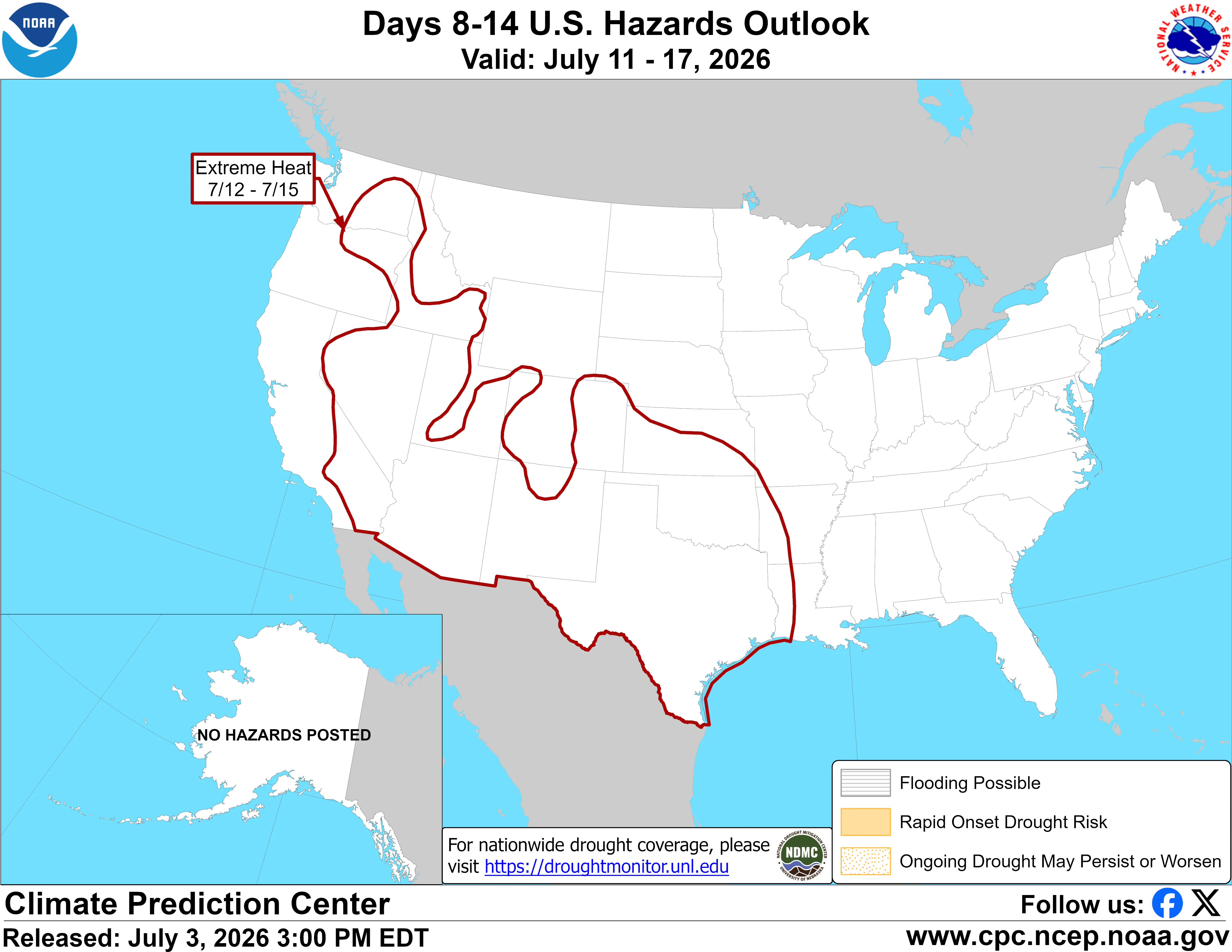 NOAA U.S. hazards outlook map showing a broad extreme-heat risk for July 11 through 17, 2026.