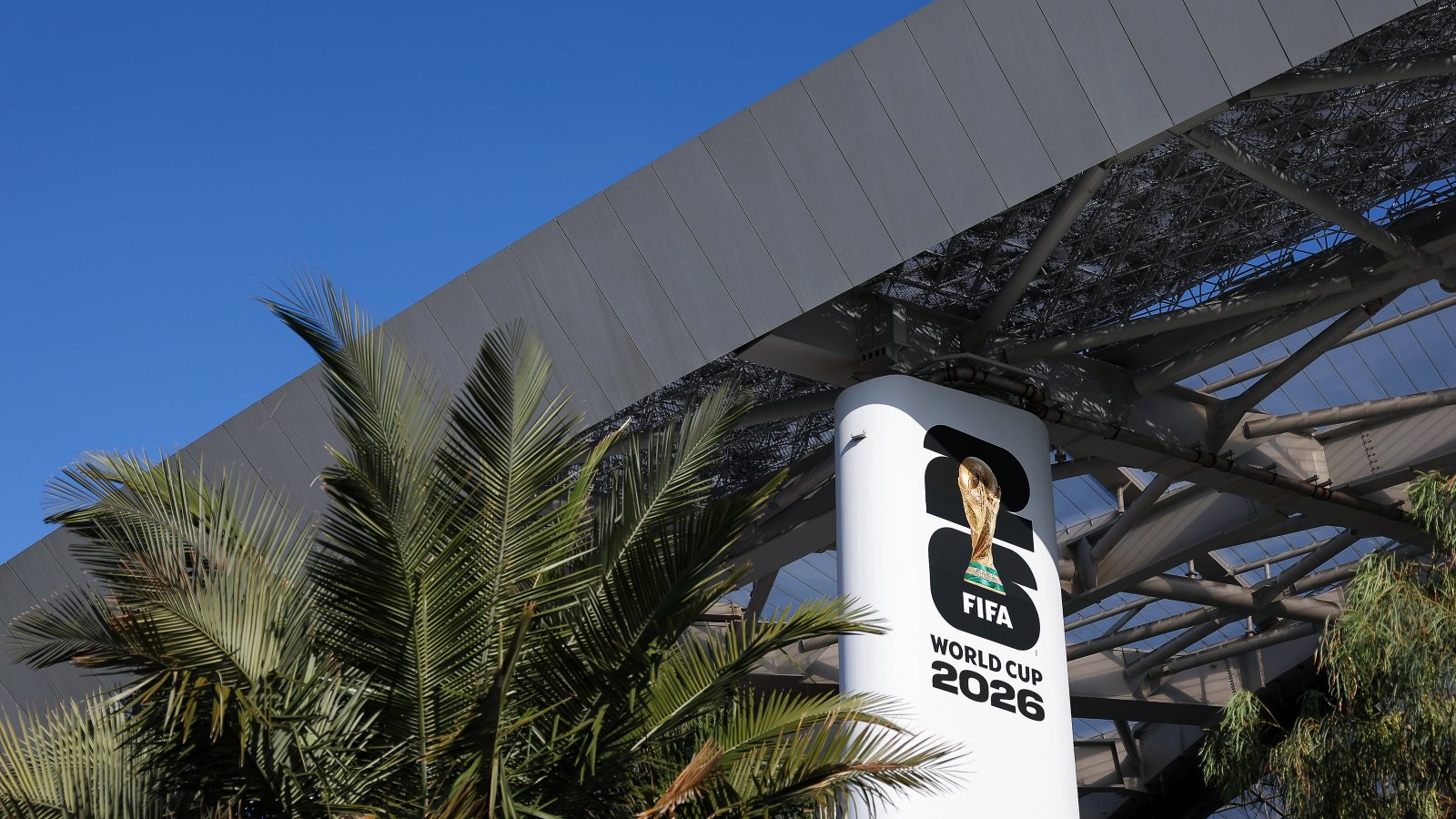 World Cup 2026 sign outside a Los Angeles stadium.