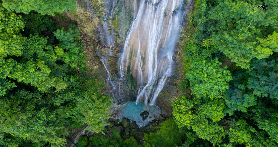 Waterfall surrounded by dense green forest in Jamaica.