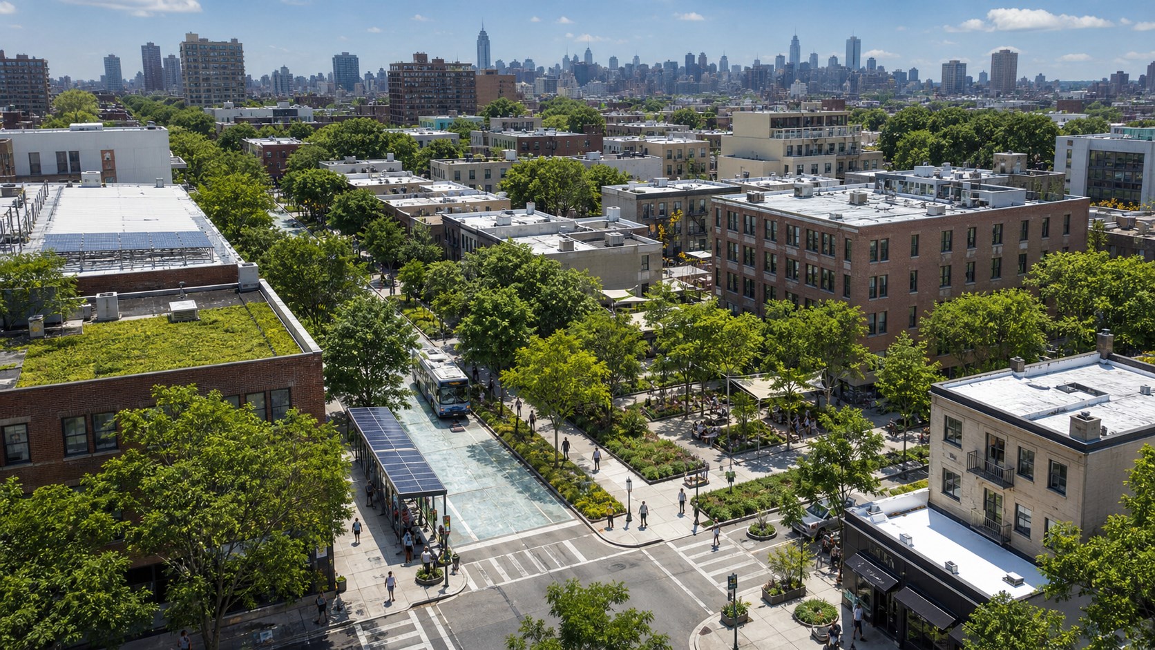 An urban neighborhood uses trees, cool roofs, green roofs, and shaded public spaces to reduce heat.