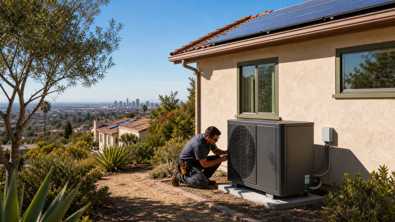 A technician inspects a residential electric heat pump at a Southern California home.