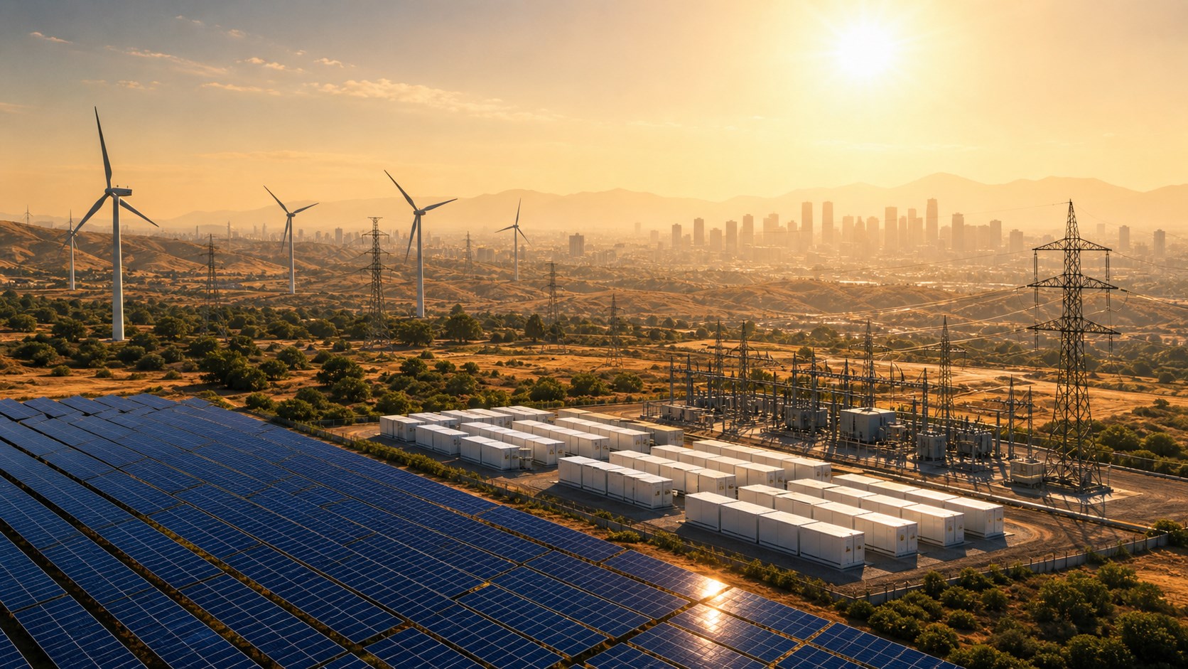 Solar panels, wind turbines, batteries, and transmission support a city during extreme heat.
