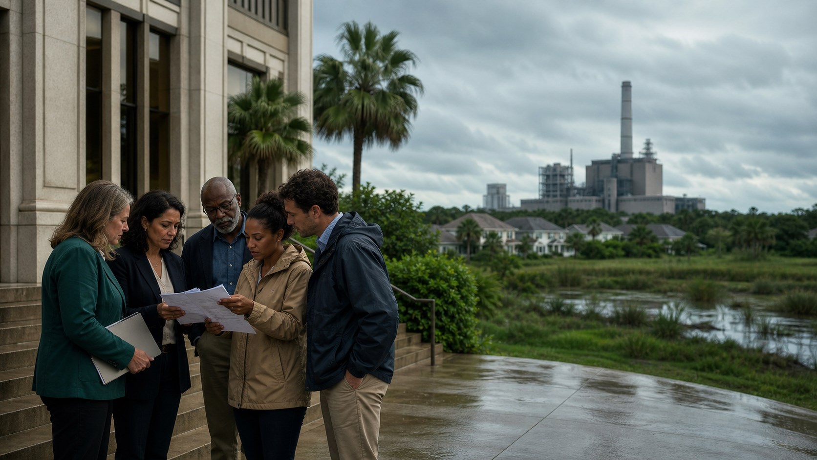 Florida community advocates review documents near wetlands and a distant coal power plant.