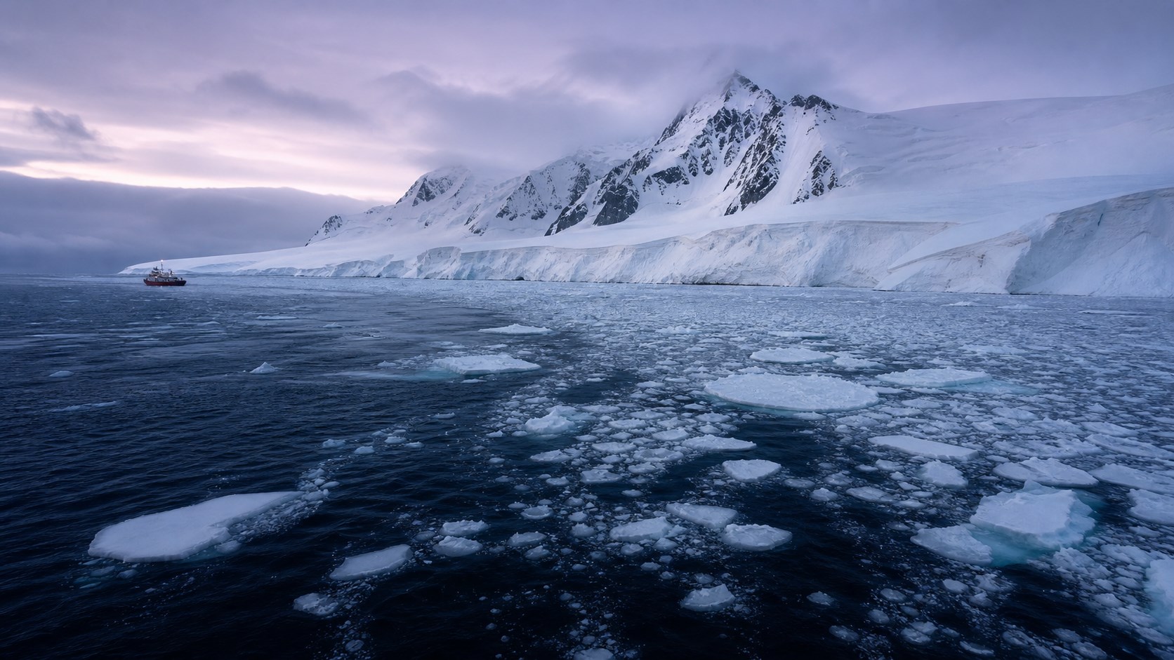Dark Southern Ocean water and scattered sea ice stretch toward the West Antarctic coast.
