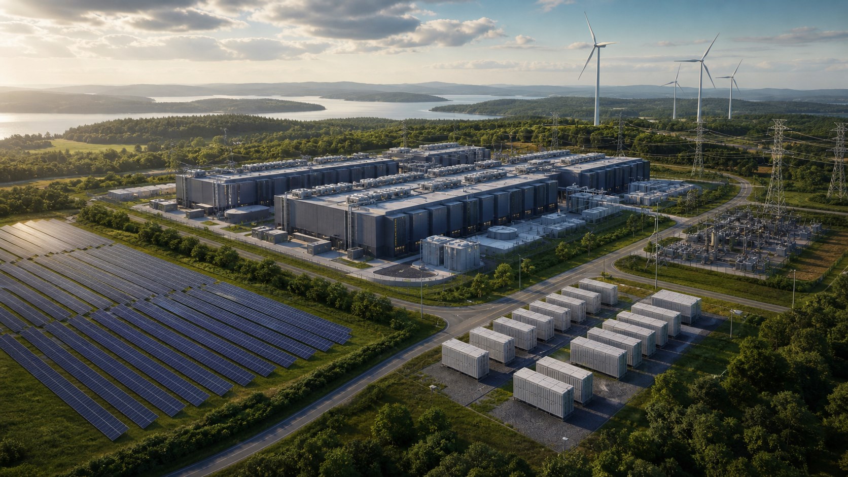 A data-center campus connected to solar panels, wind turbines, batteries, and transmission infrastructure.