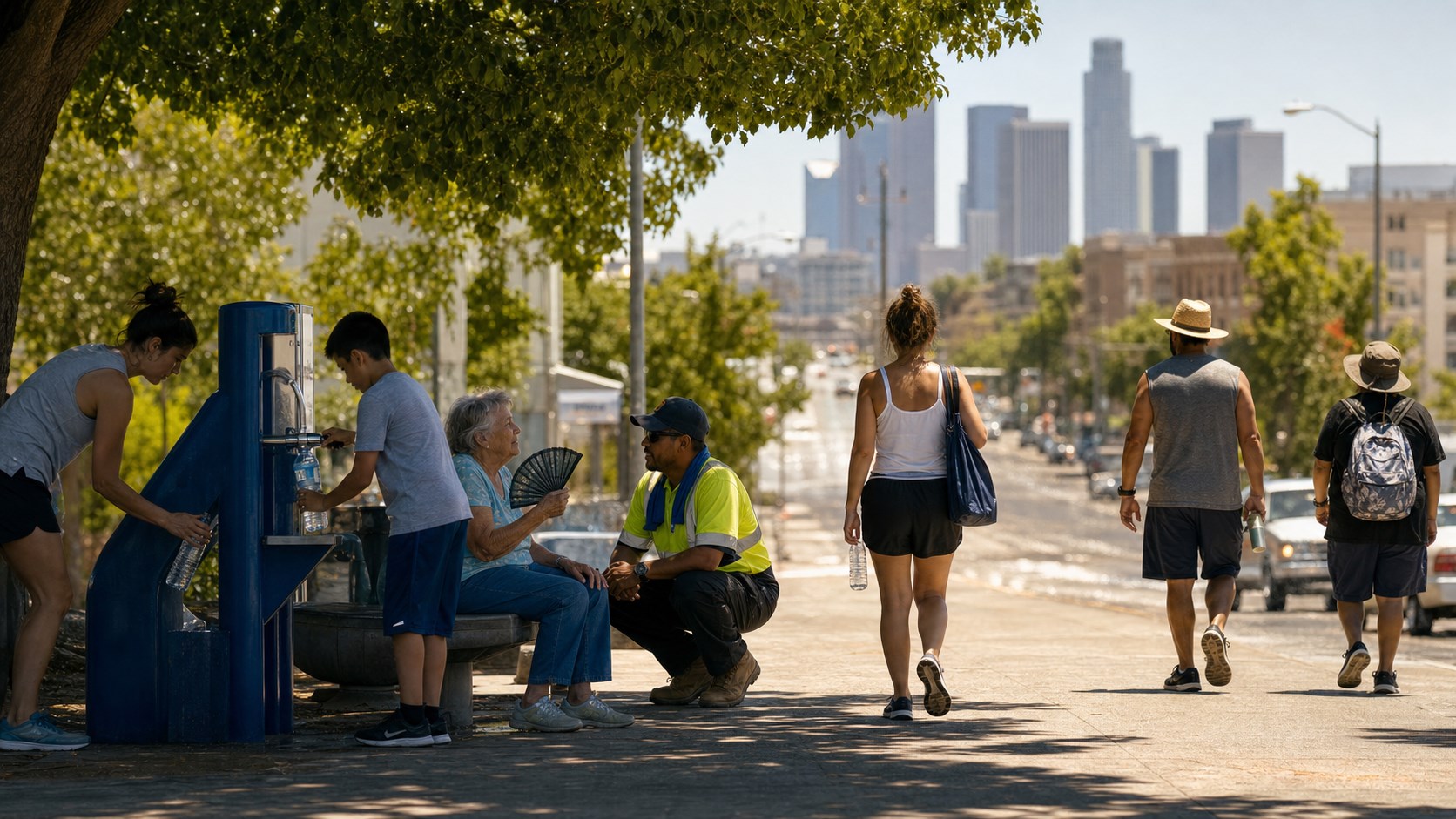 Residents use a shaded public water station during dangerous urban heat.