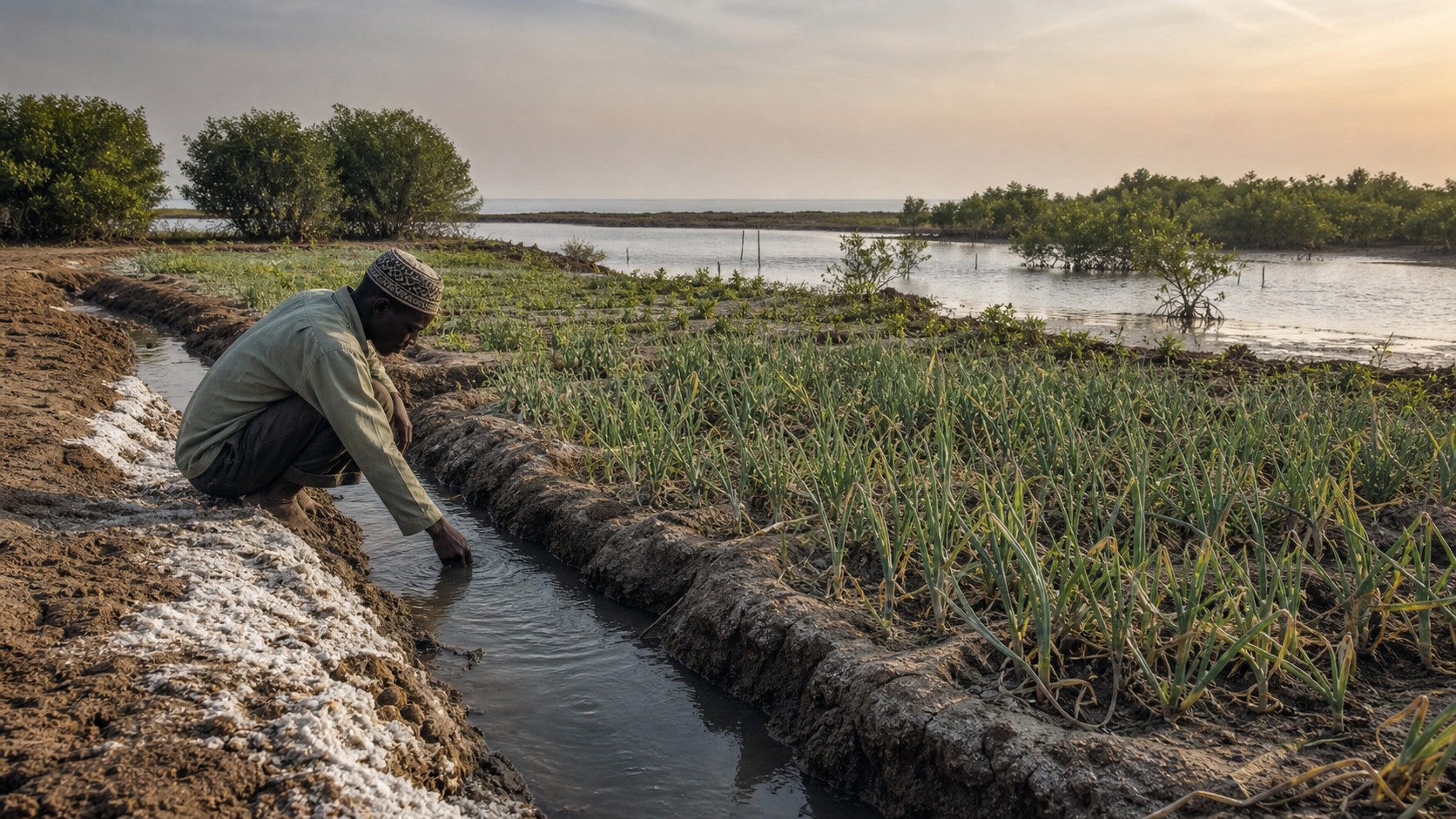 A Gambian farmer checks brackish irrigation water beside salt-affected coastal fields and mangroves.