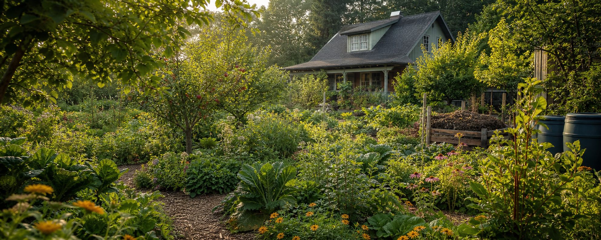 Food garden with compost, water barrels, flowers, and layered plants