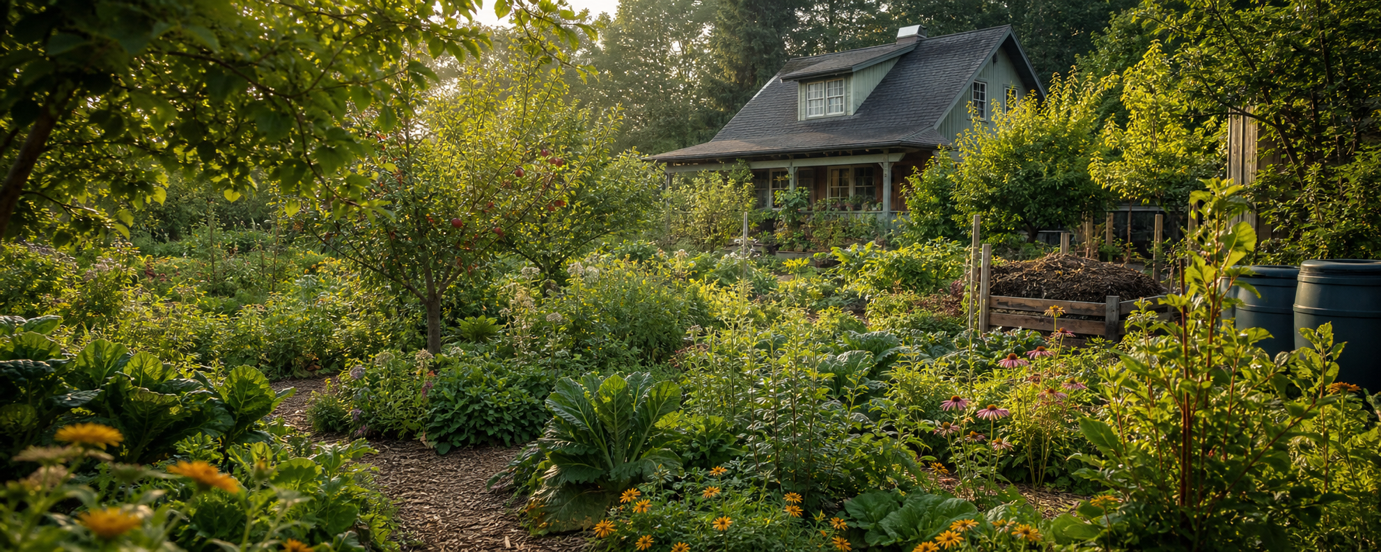 Layered permaculture garden with fruit trees, flowers, vegetables, and mulch paths