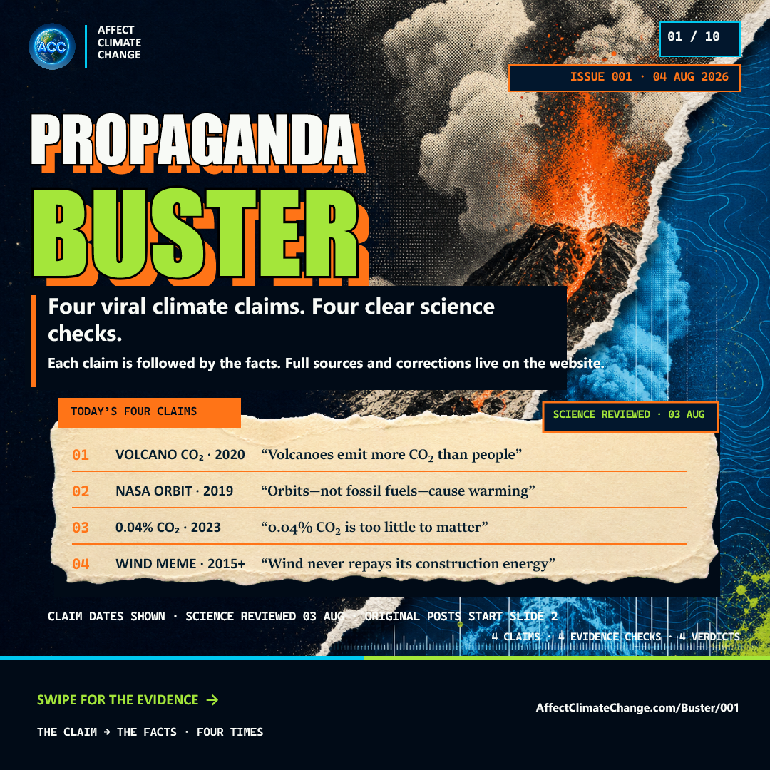Propaganda Buster Issue 001 cover dated August 4, 2026, introducing four climate claims examined with scientific evidence.
