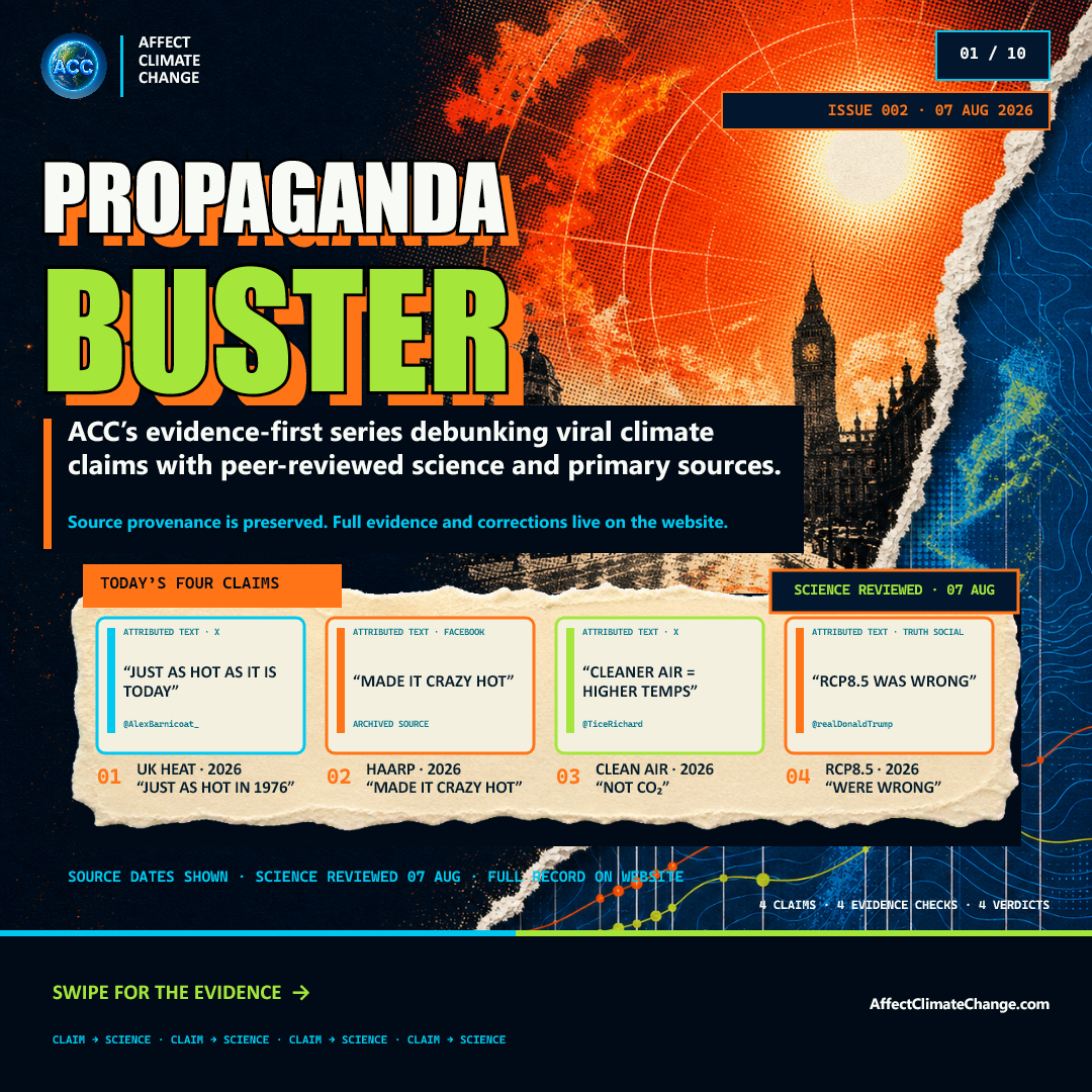 Propaganda Buster Issue 002 cover dated August 7, 2026, introducing four climate claims with recreated attributed-text treatments.