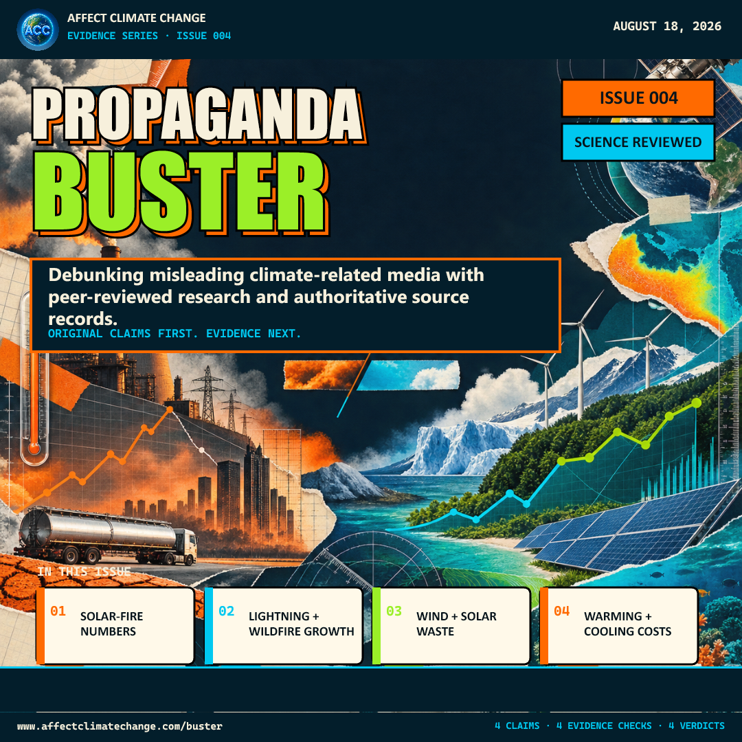 Propaganda Buster Issue 004 cover dated August 18, 2026. Four cards preview solar-fire numbers, lightning and wildfire growth, wind and solar waste, and warming and cooling costs. The cover states that original claims appear before evidence.
