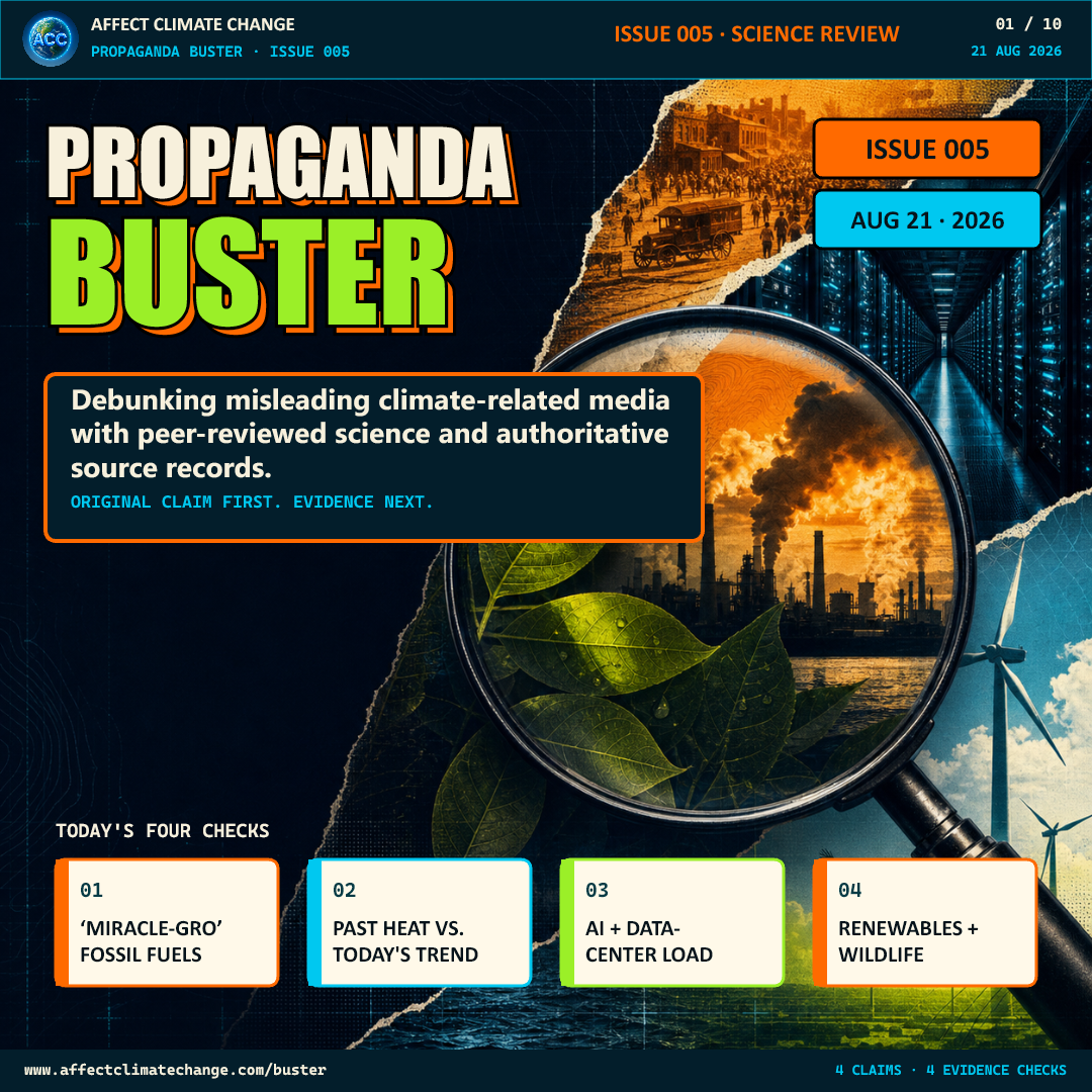 Square deep-navy, orange, cyan, lime, and warm-ivory cover for Affect Climate Change’s Propaganda Buster Issue 005, dated August 21, 2026. An evidence-dossier collage surrounds the outlined title. Four compact cards preview fossil fuels and greening, historical heatwaves, data-center electricity demand, and renewable-energy wildlife impacts. The cover says original claims come before the evidence.