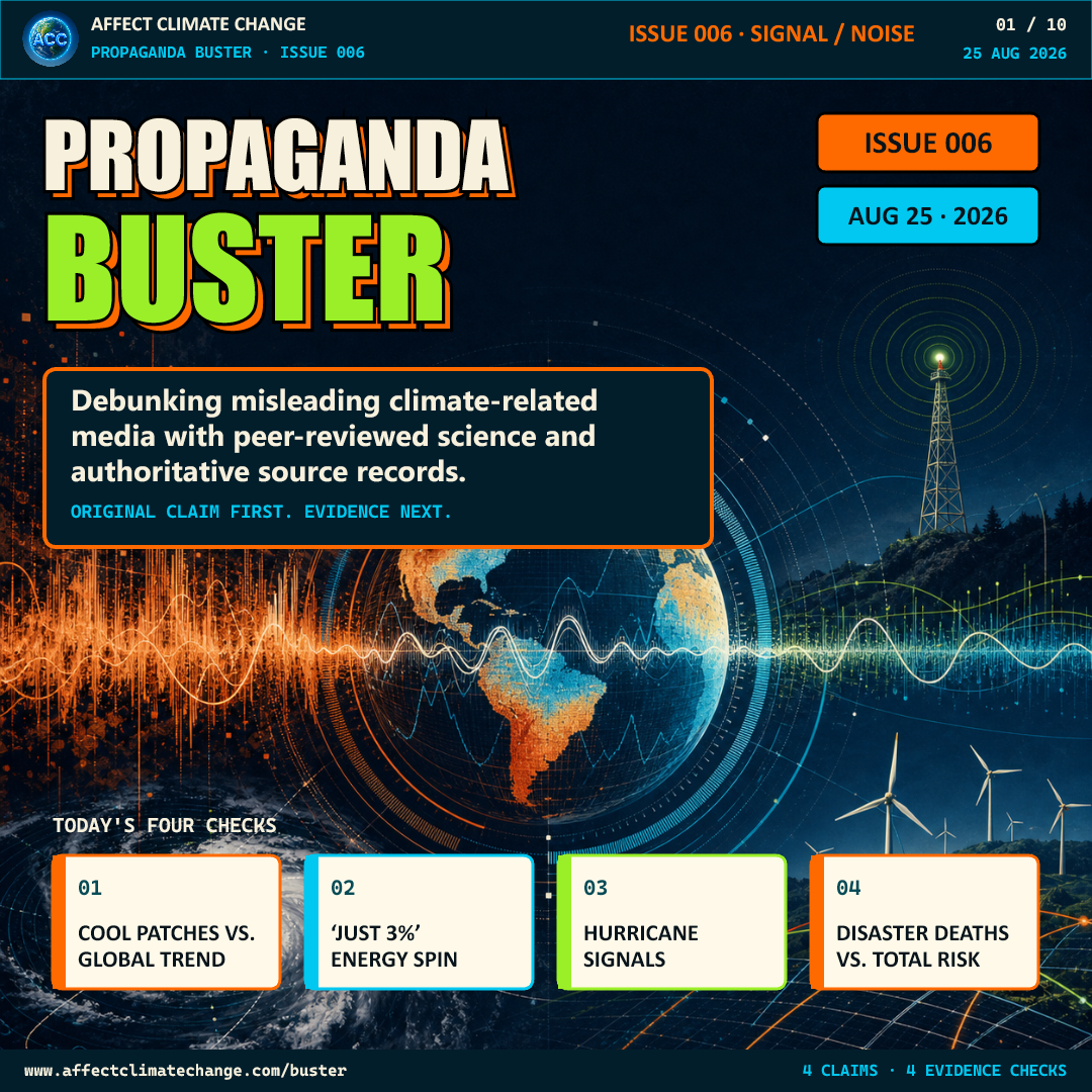 Propaganda Buster Issue 006 cover dated August 25, 2026. A dramatic climate-science illustration shows a data-ringed globe, hurricane, wind turbines, grid arcs and an early-warning tower. Text explains that Propaganda Buster debunks misleading climate-related media using peer-reviewed science and authoritative sources. Four checks are previewed: cool patches versus the global trend, “just 3%” energy spin, hurricane signals, and disaster deaths versus total risk.