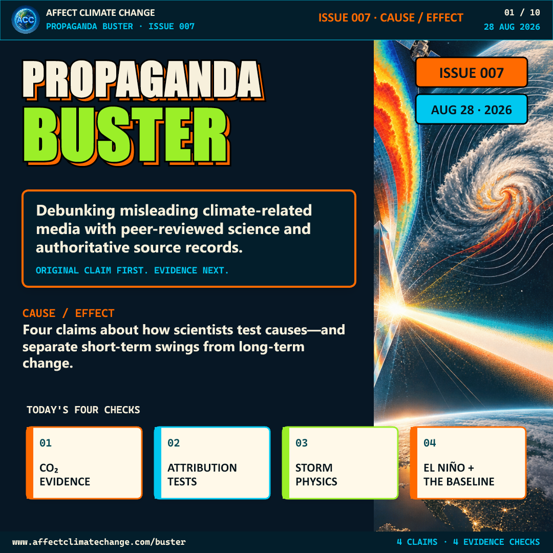 Propaganda Buster Issue 007, dated August 28, 2026. A navy, orange, cyan, lime and cream science-magazine design introduces four checks: CO₂ evidence, attribution tests, storm physics, and El Niño plus the temperature baseline. The cover says the series debunks misleading climate media with peer-reviewed science and authoritative source records.
