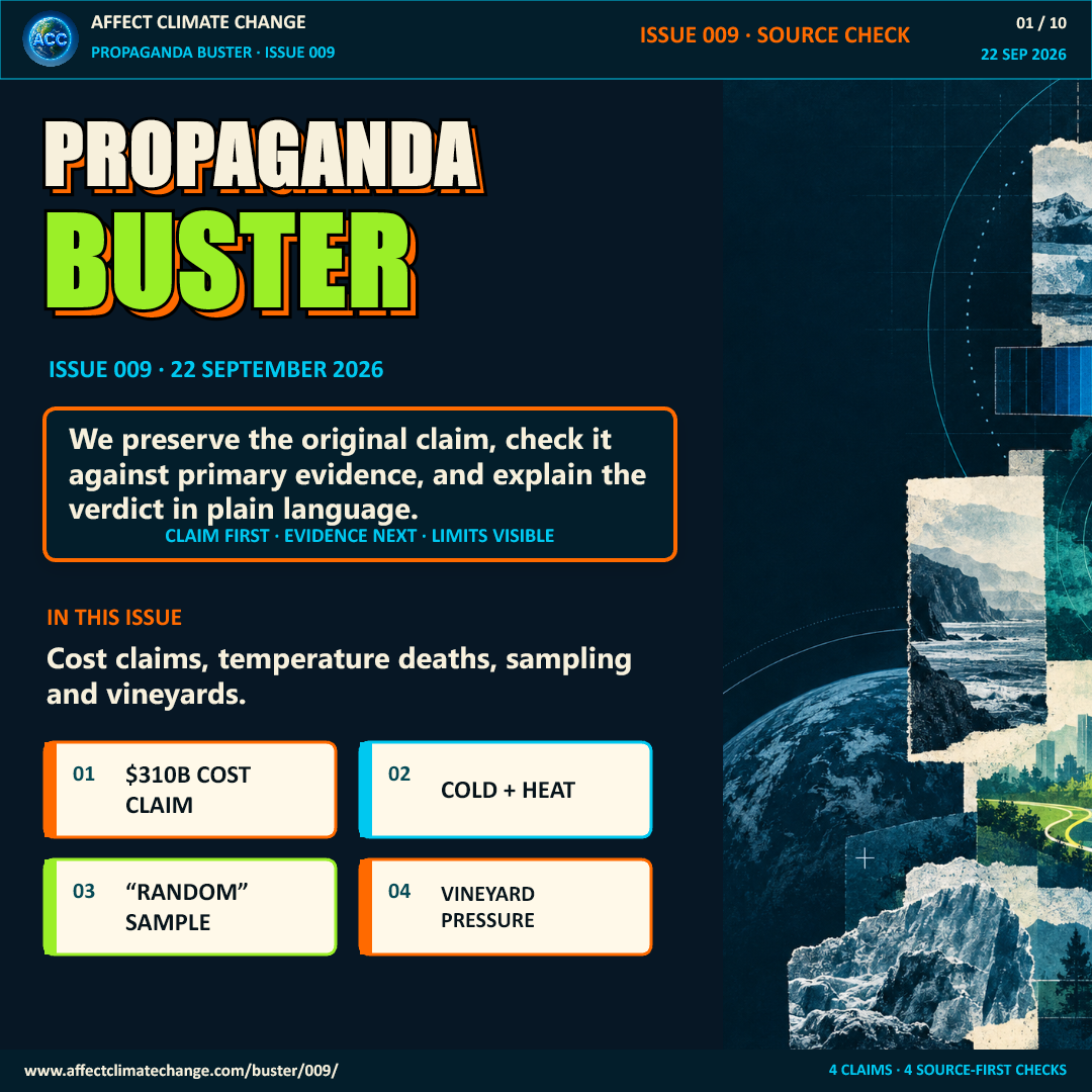 Propaganda Buster Issue 009, dated September 22, 2026. The cover explains that Affect Climate Change preserves original claims, checks them against primary evidence, and explains verdicts in plain language. This issue covers a 310-billion-dollar cost claim, cold and heat deaths, a supposedly random sample, and vineyard pressure. Dark navy scientific collage art appears along the right side.