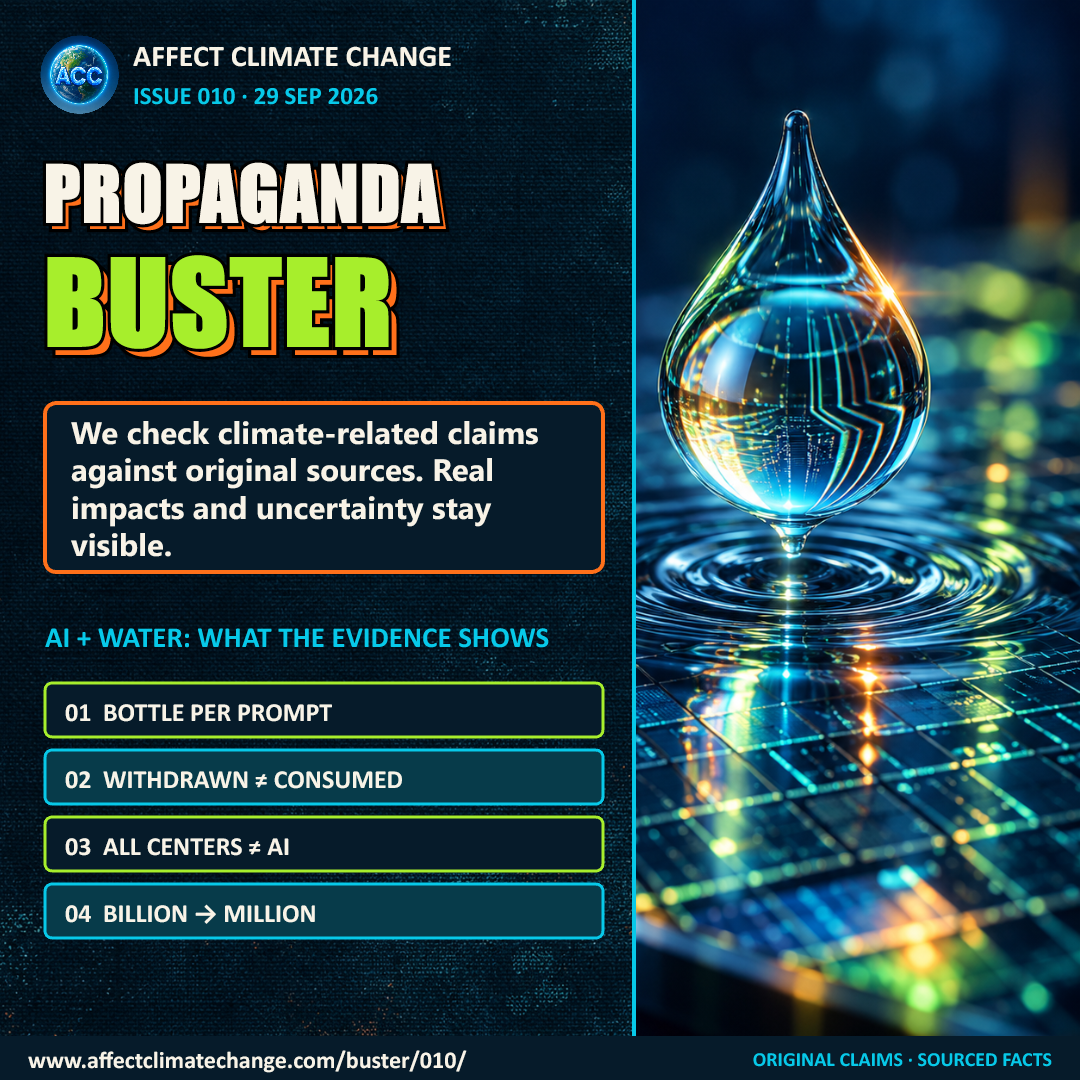 Cover. Affect Climate Change's PROPAGANDA BUSTER Issue 010, dated 29 September 2026. A decorative water droplet sits over circuitry. The purpose says that original sources guide the checks and that real impacts and uncertainty stay visible. “AI and water: what the evidence shows” introduces four selected numerical claim checks.