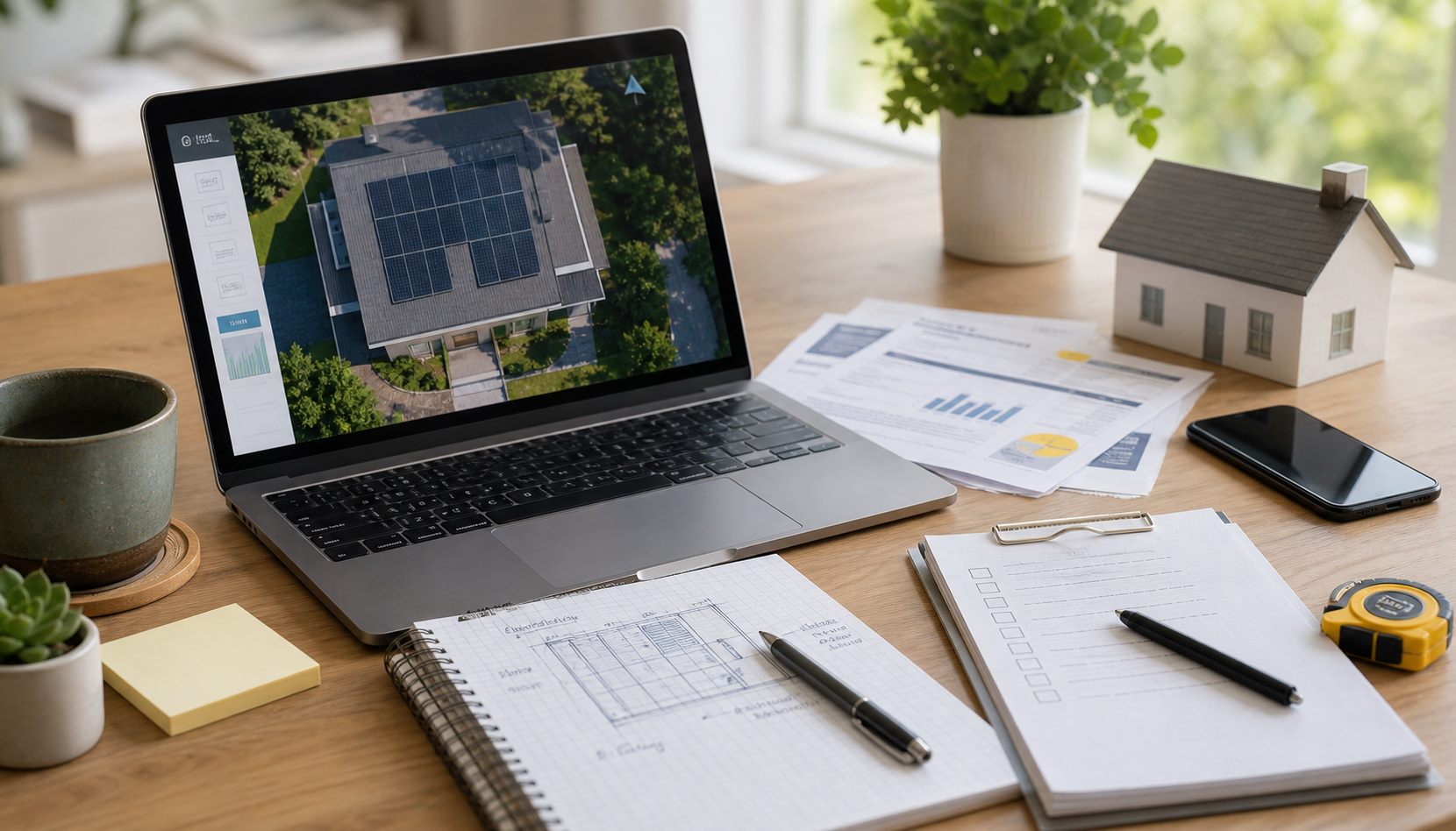 Solar consultation preparation desk with electric bills, roof notes, and planning checklist
