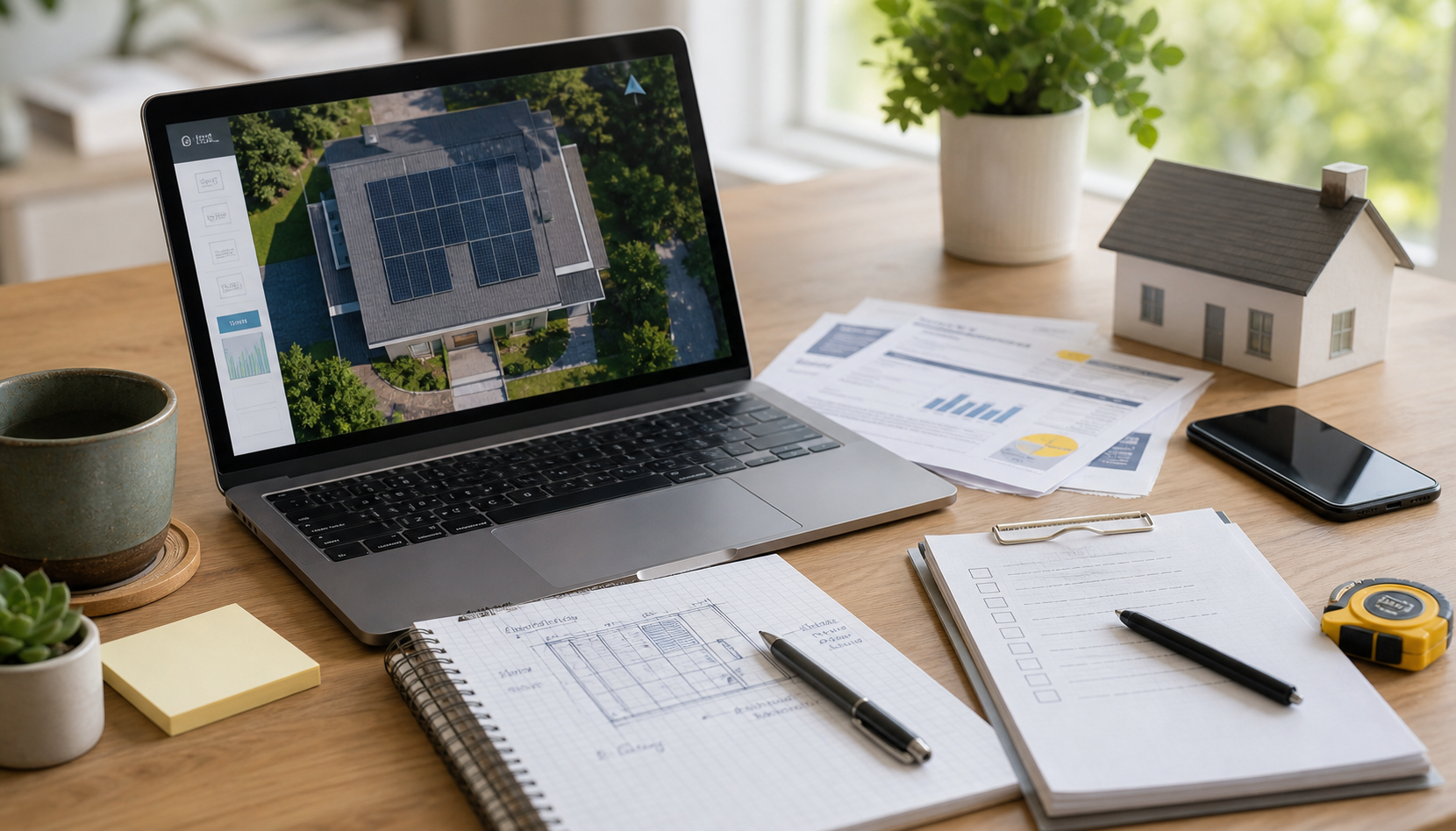 Solar planning desk with bills and checklist
