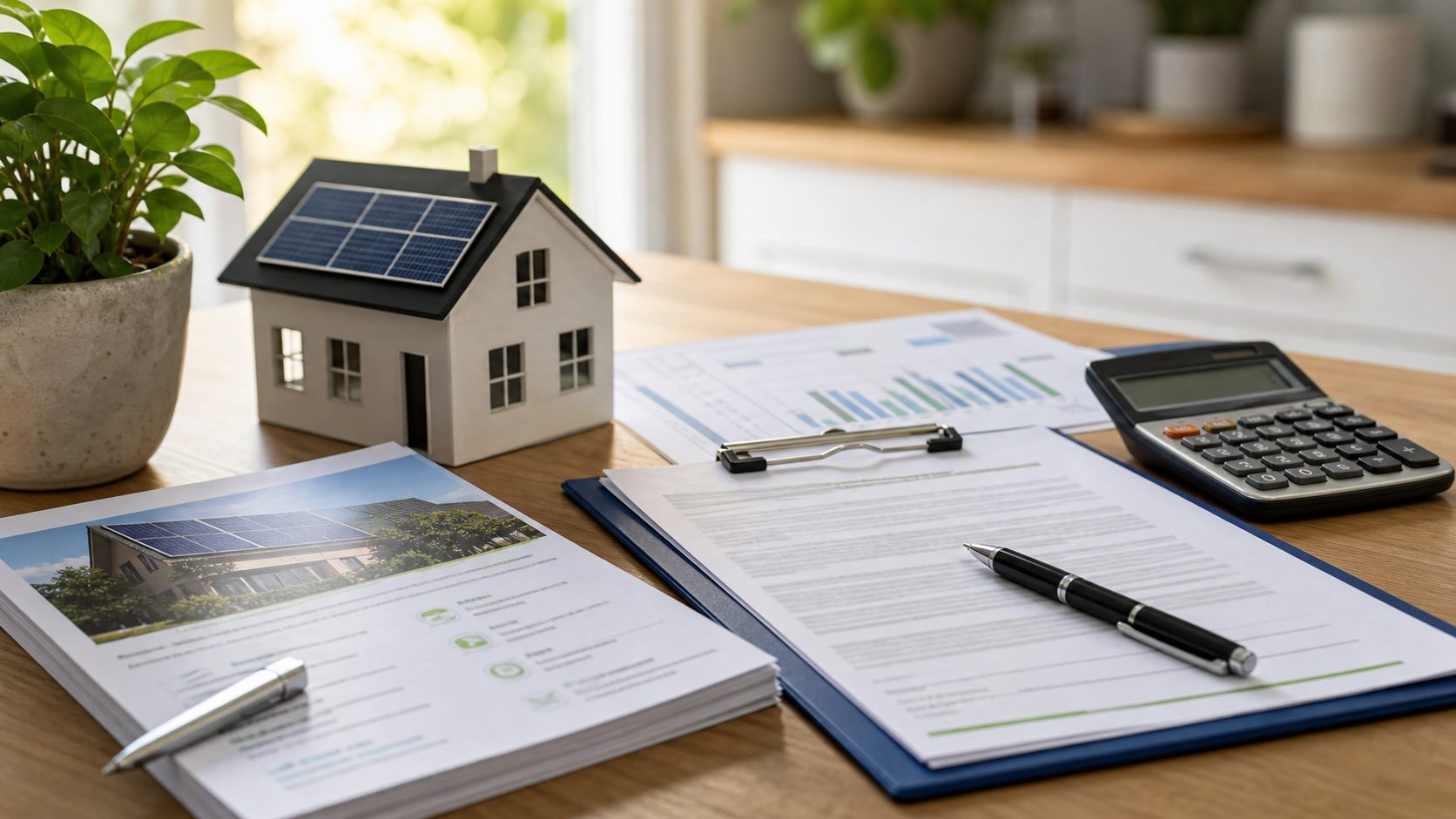 Solar financing paperwork, utility bill, calculator, and incentive review materials