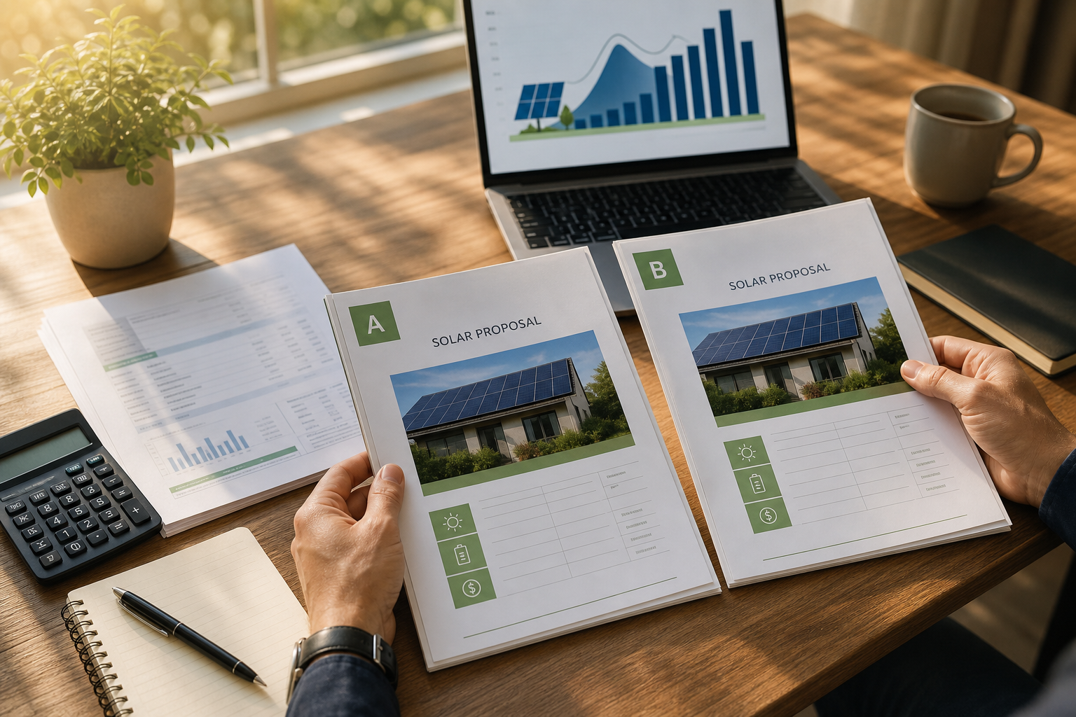 Solar proposals and utility bill review on a desk