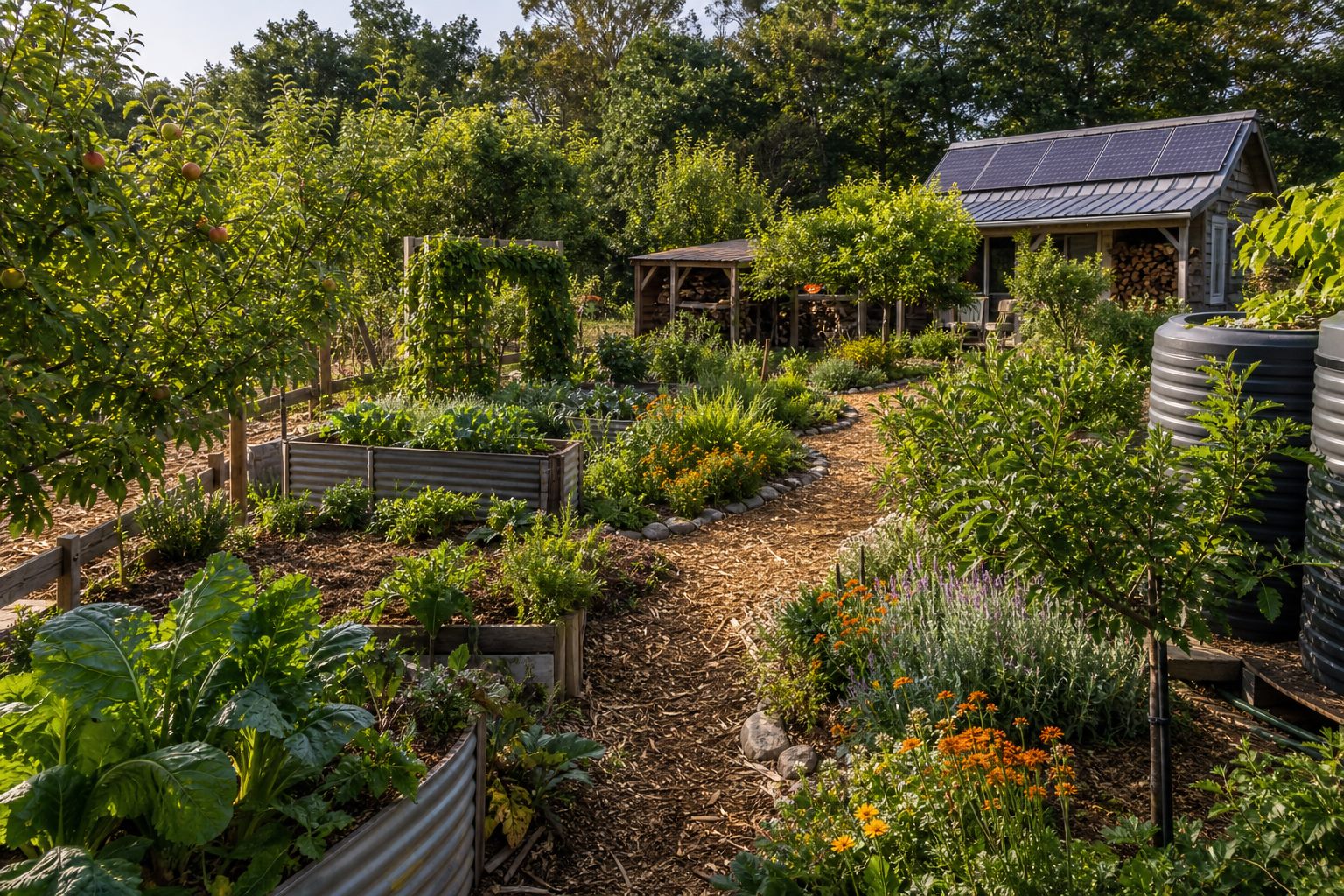 Sustainable homestead with food growing, water care, solar, compost, and garden systems