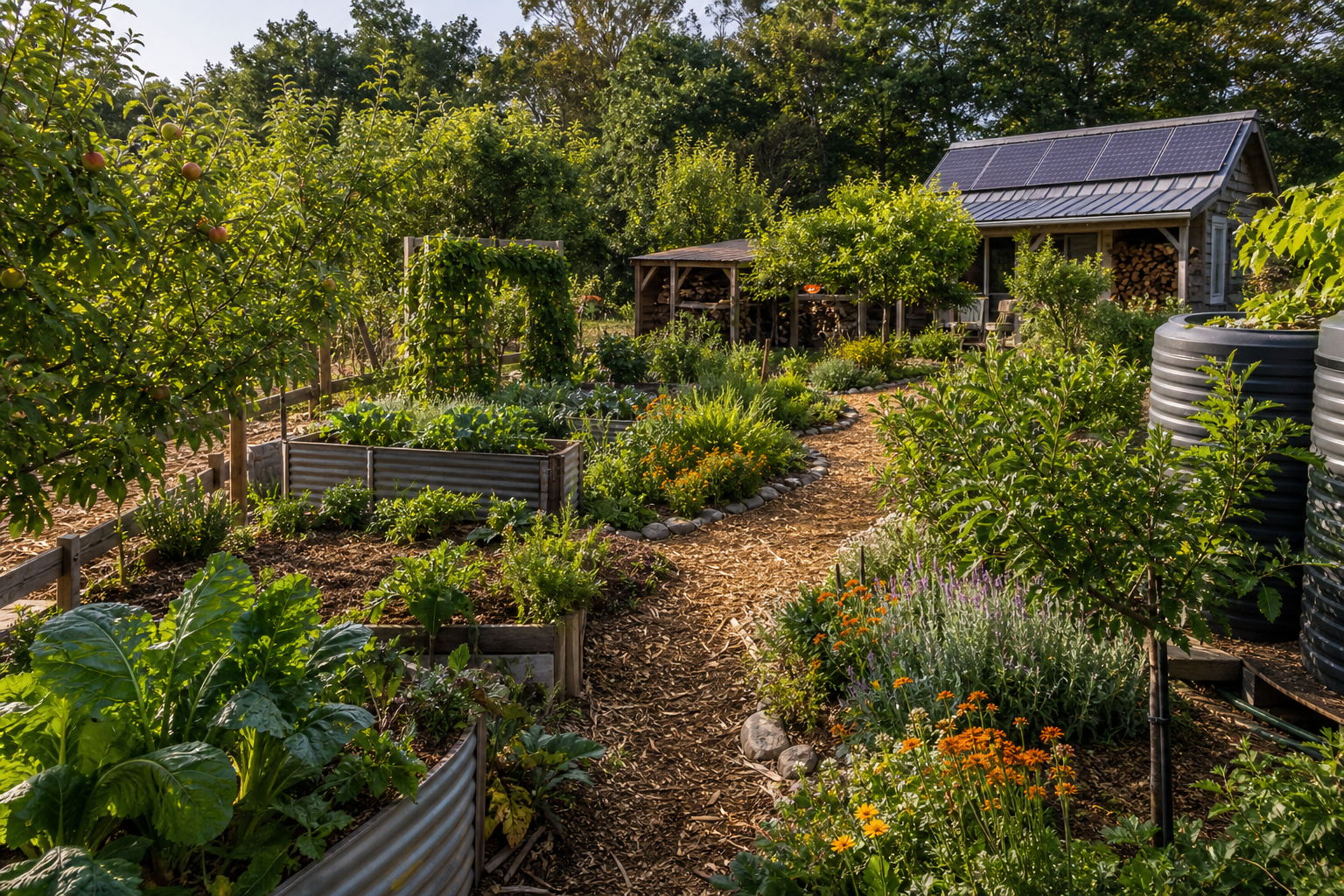 Sustainable homestead garden with rainwater, compost, solar, and food-growing areas