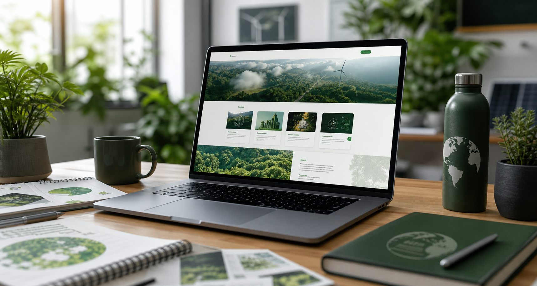 ACC-themed green website design workspace with laptop and climate-inspired visuals