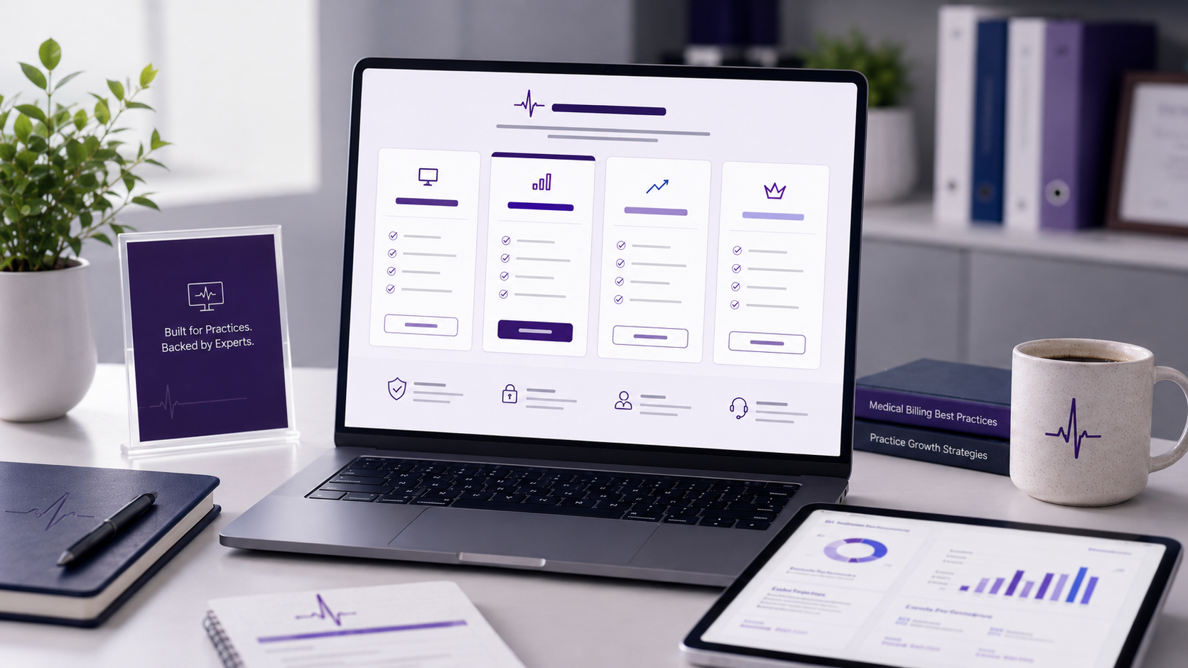 Modern workspace with purple accents and website planning materials
